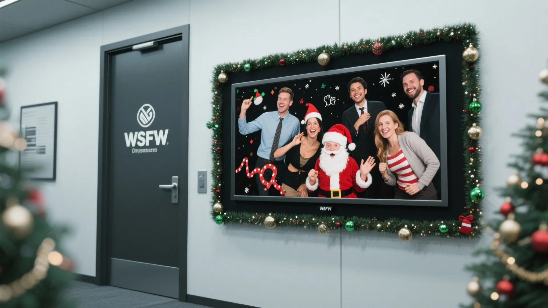 Modern office hallway featuring a digital screen with Christmas decorations and happy people celebrating together