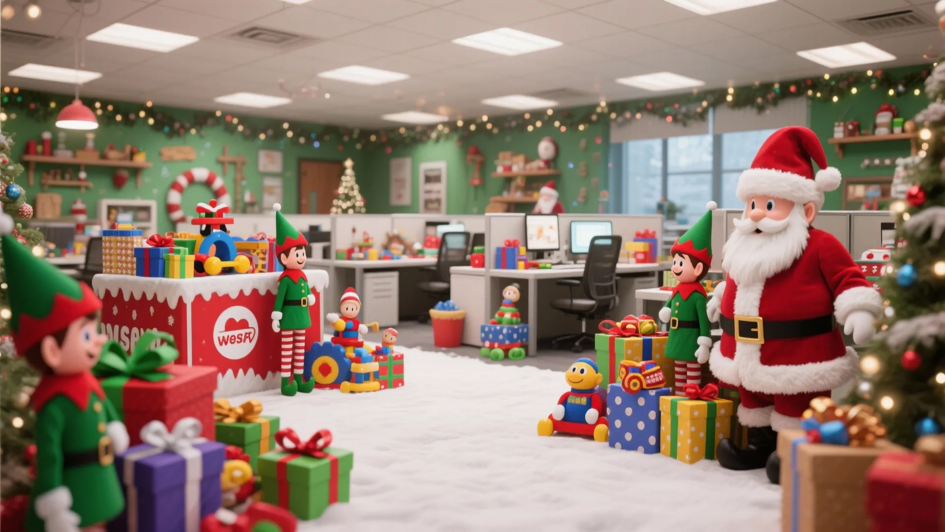 Modern office space transformed into Santa workshop with toys gifts and festive holiday character figures