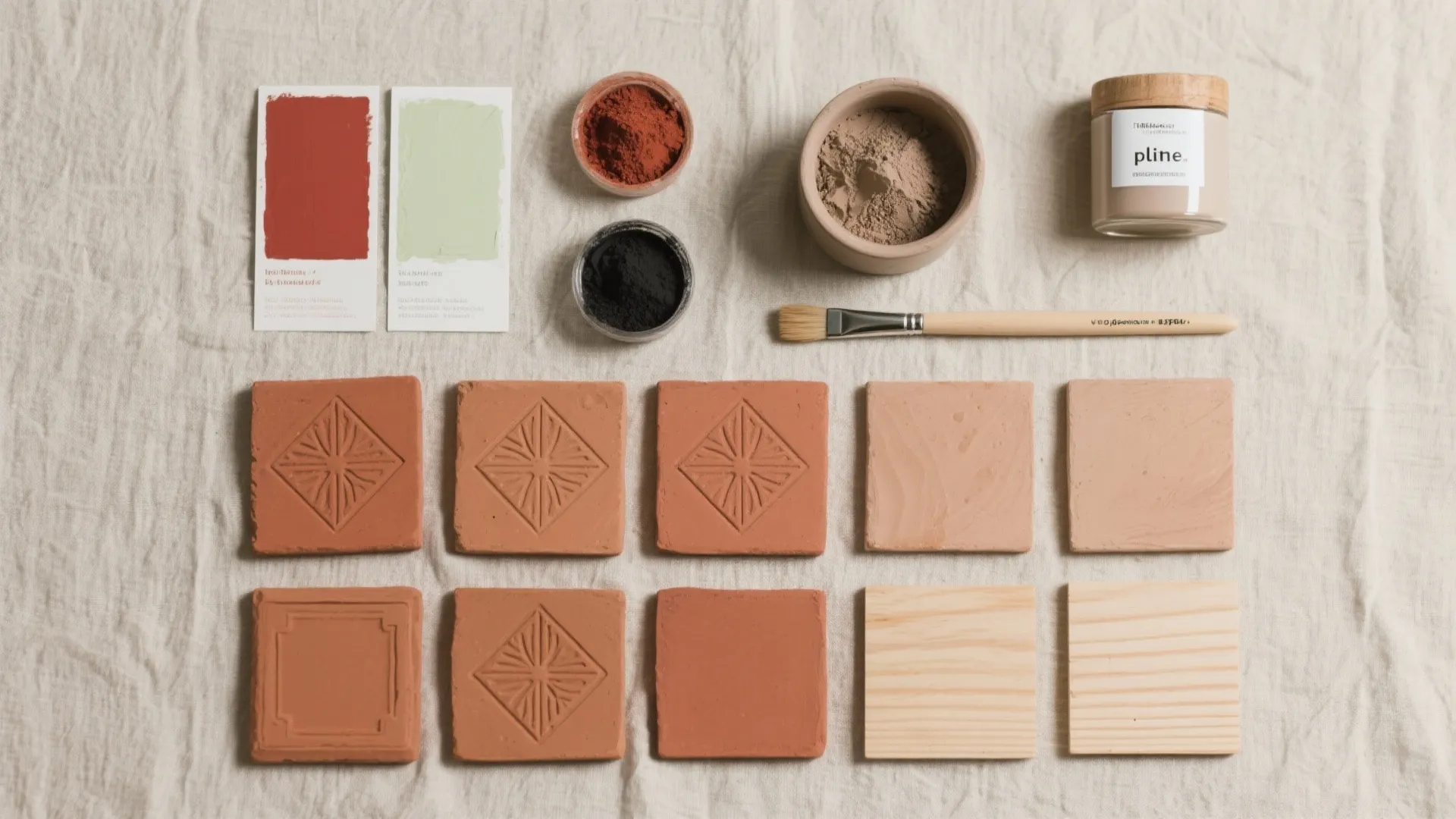 Terracotta tiles with patterns alongside paint swatches, pigment jars, a paintbrush, and natural wood samples.
