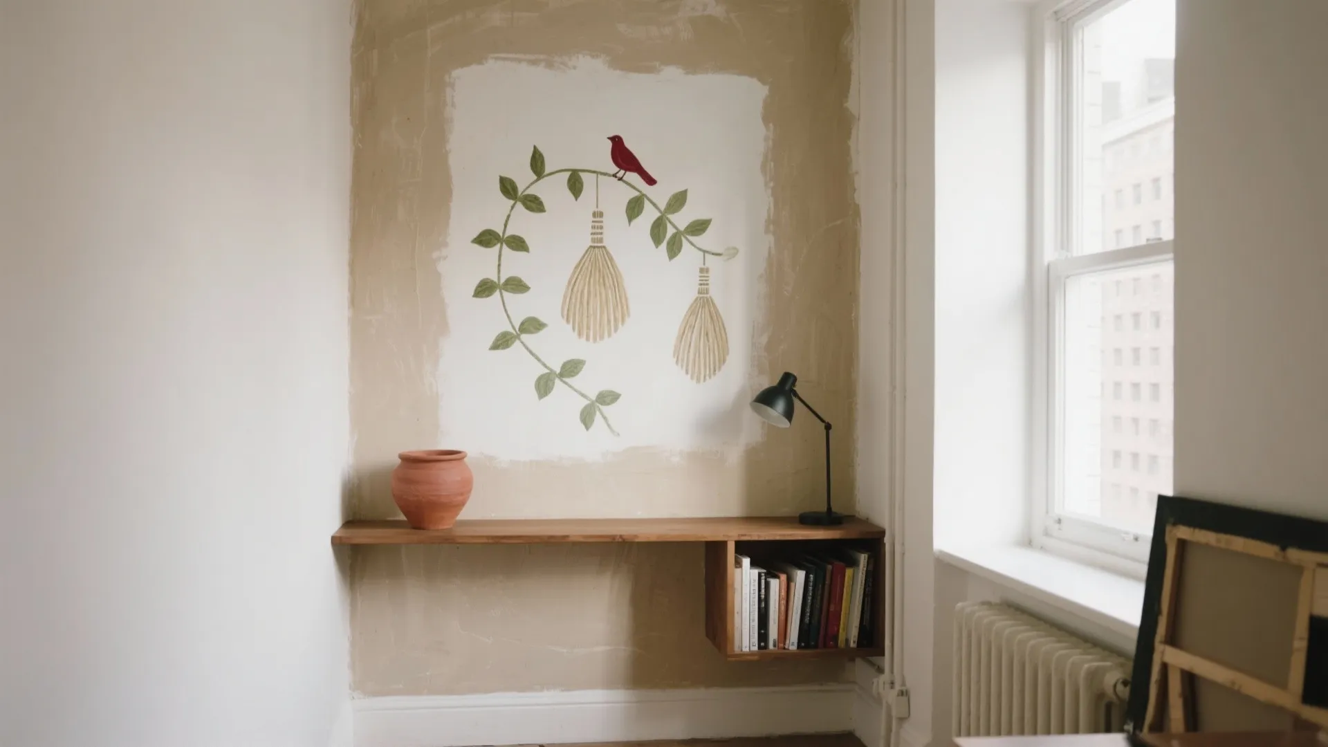 Wooden wall shelf with books, clay pot, black lamp, and bird mural painting on wall.