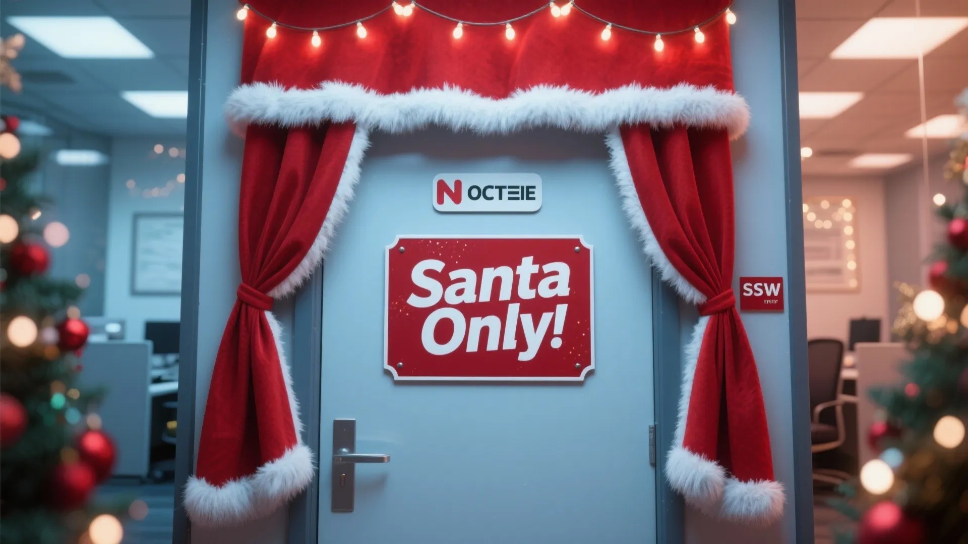 White office door decorated with red festive curtains and a sign that says Santa Only