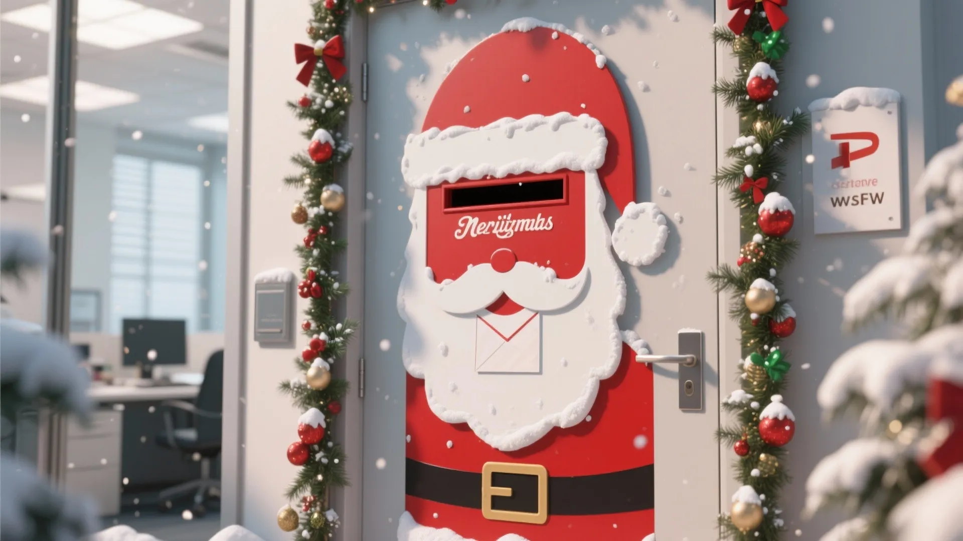 Office door decorated with Santa Claus mailbox theme featuring red hat beard and green garland