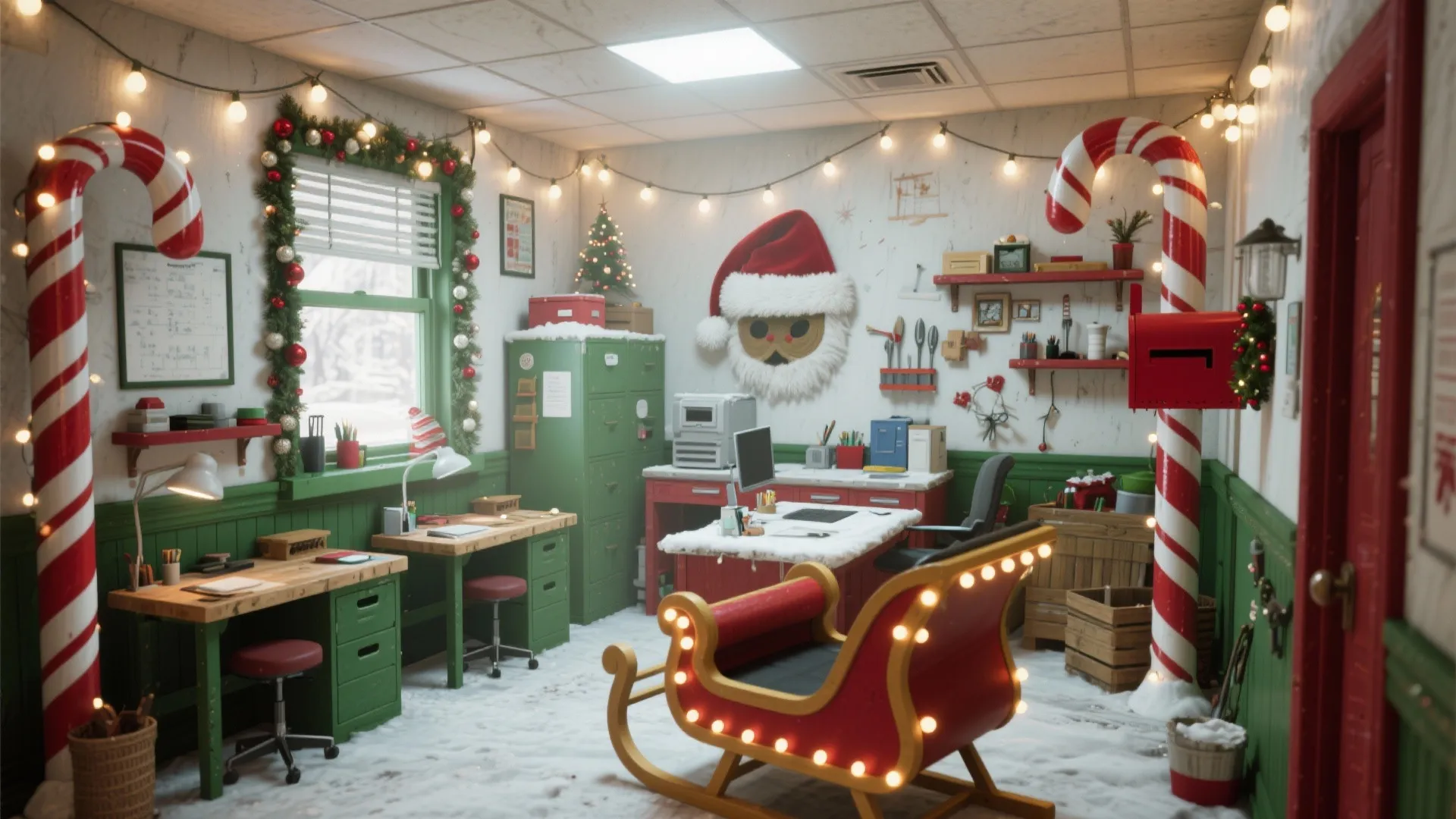 Santa themed office design with red sleigh chair large candy canes green wall panels lights