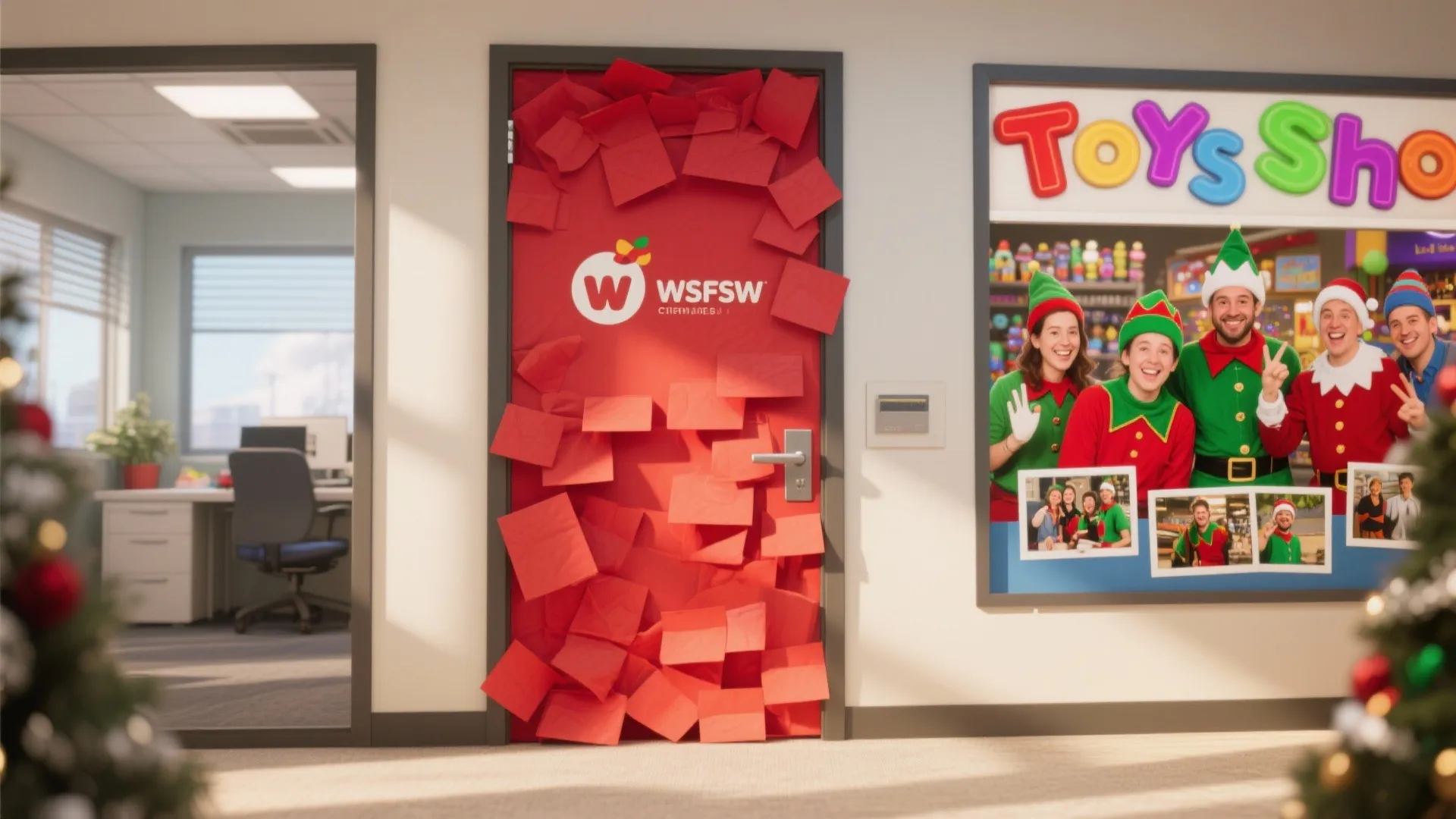 Office door decorated as Santa’s toy workshop with elves