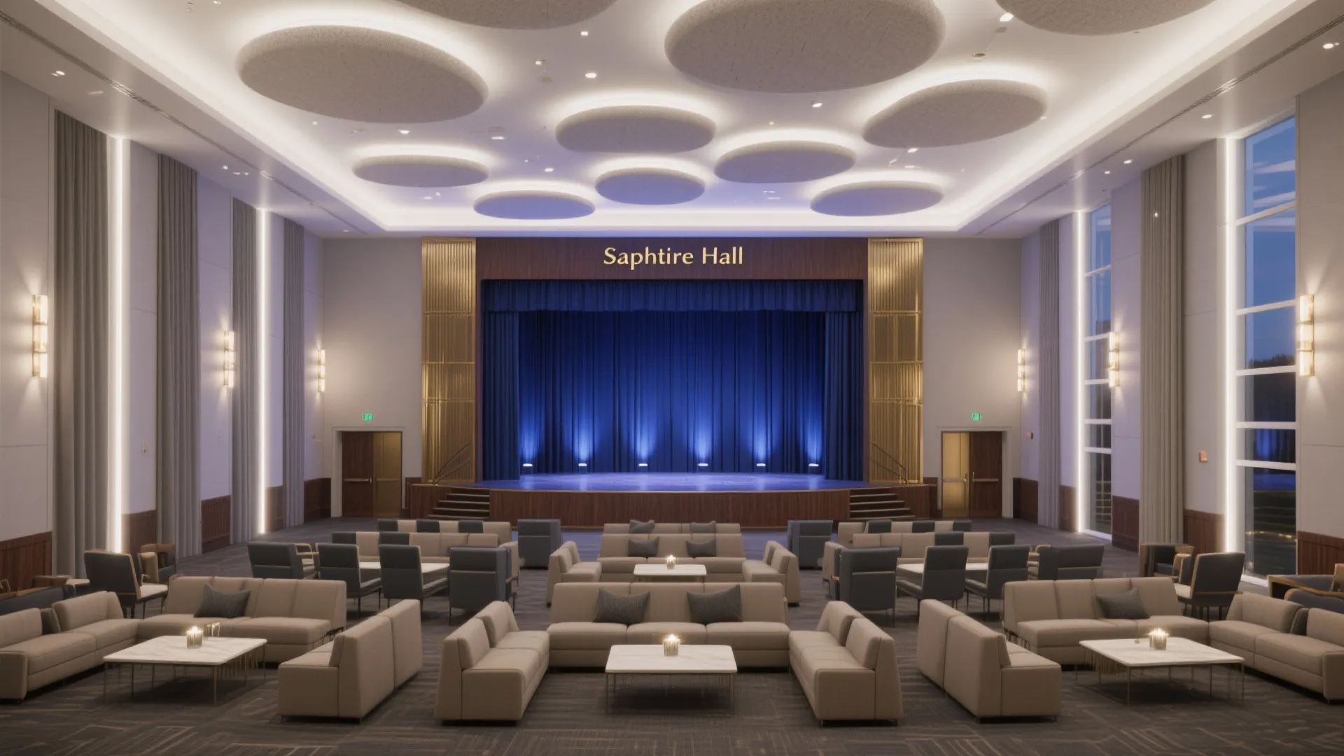 Large event hall with stage blue curtains round ceiling lights beige sofas and small tables