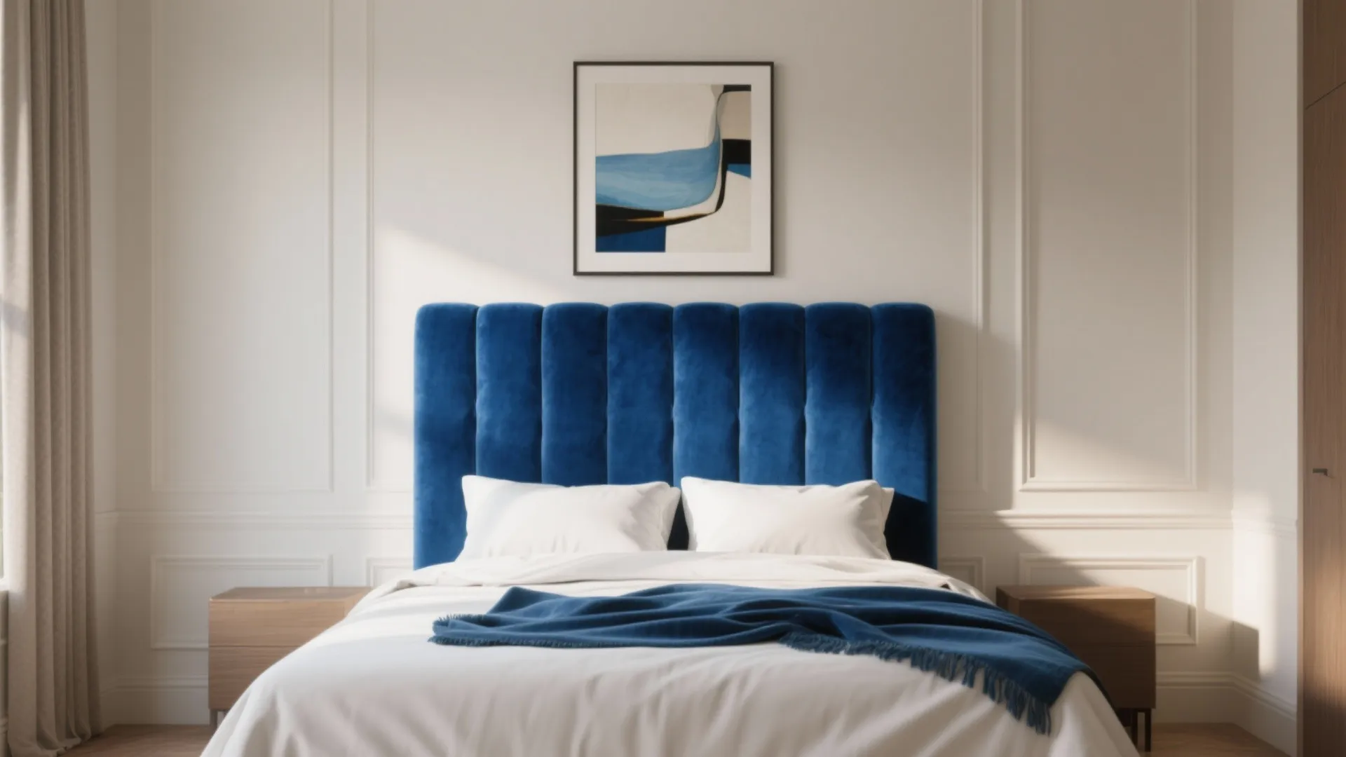 Modern white bedroom featuring a tall blue velvet bed headboard and abstract wall art piece