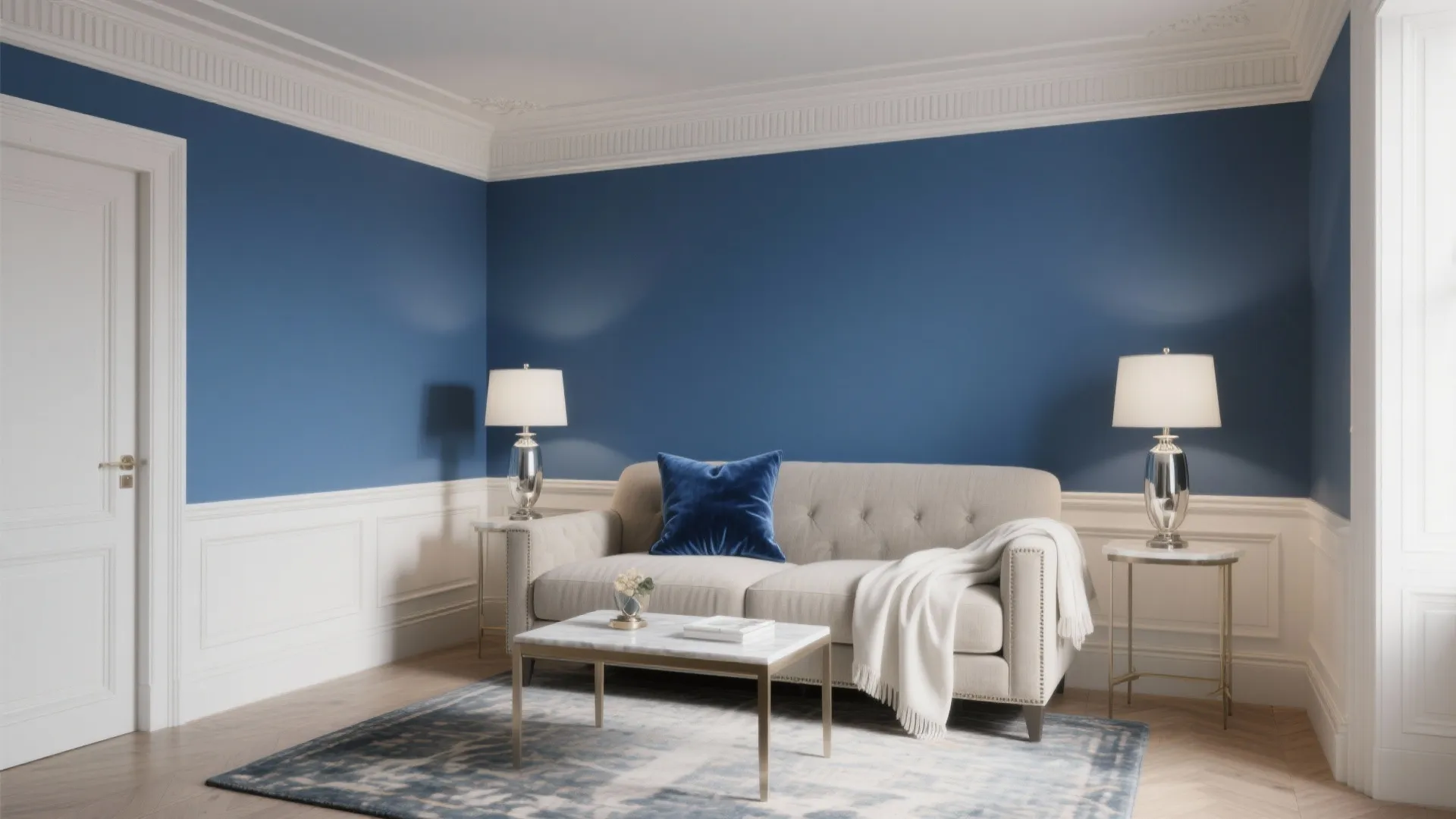 Classic living room with blue walls, white wall panel, beige sofa, marble table, and rug