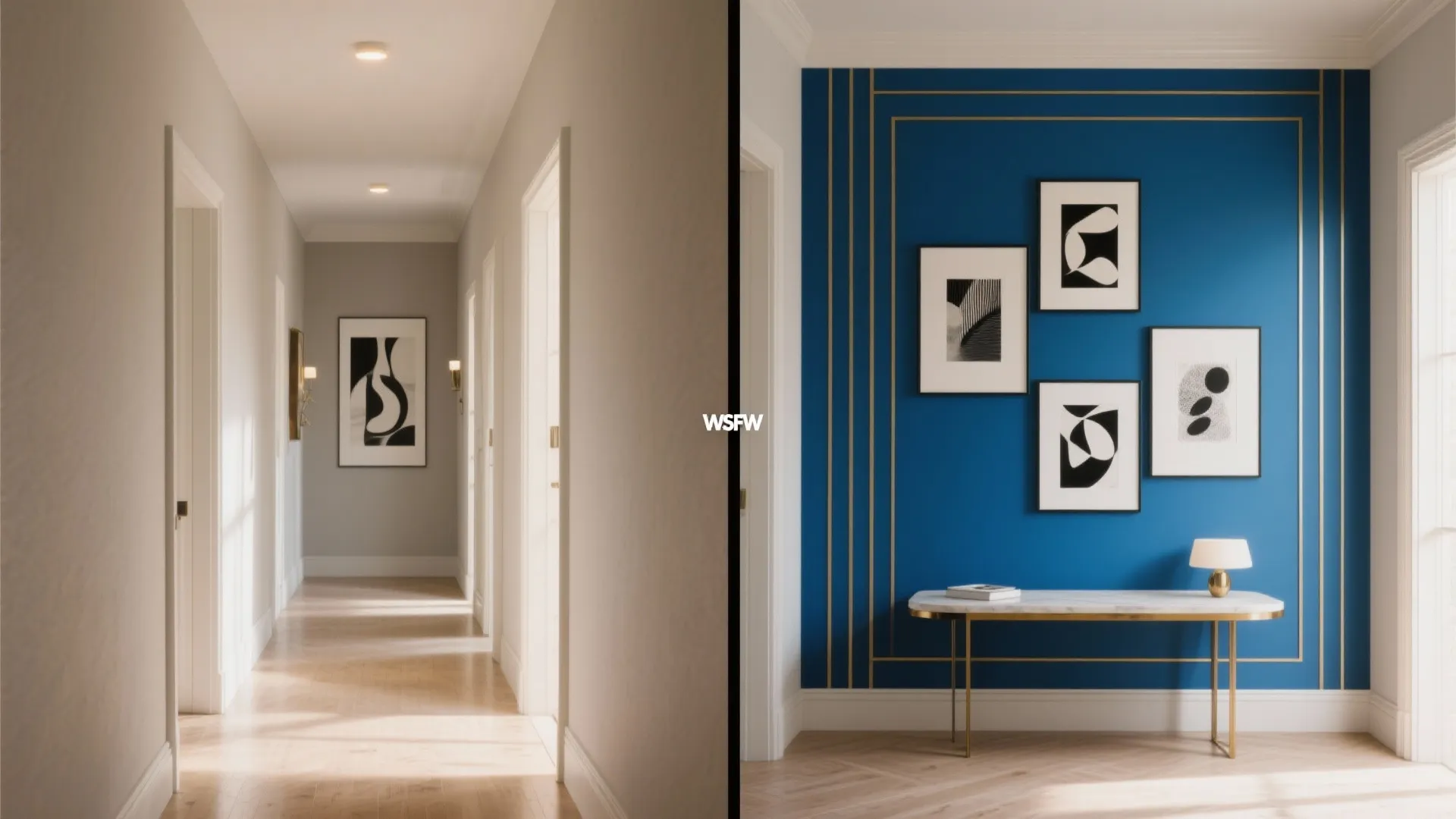 Comparison between a neutral hallway and blue wall with gold lines, art, and marble table