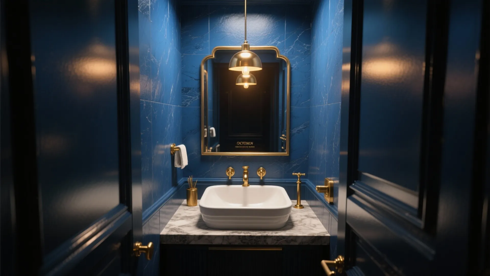 4. Jewel-Toned Powder Room: Sapphire with Metallic Accents