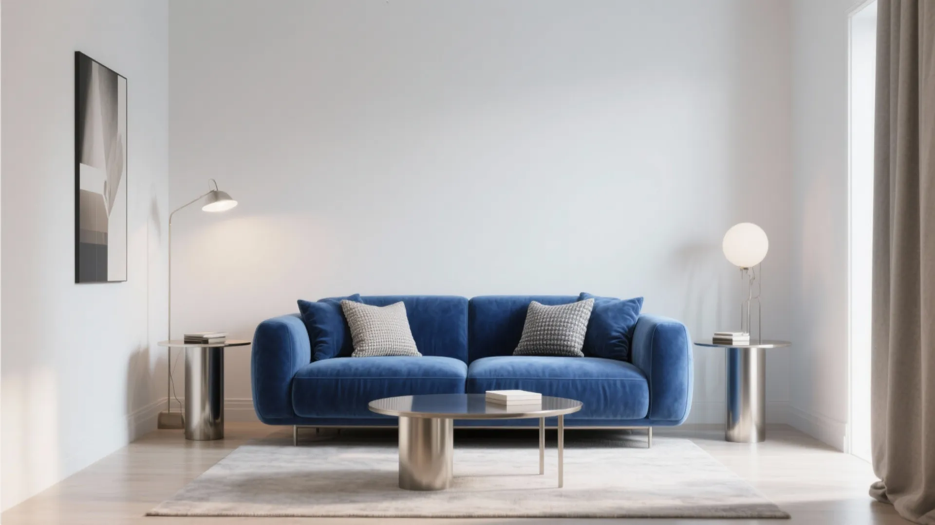 Blue velvet sofa with grey pillows in a minimalist living room with two small side tables