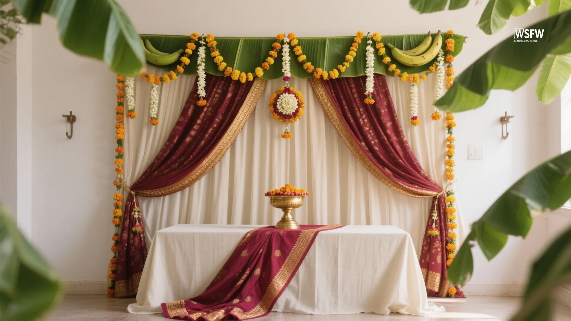 Saree-Draped Backdrop + Natural Greens