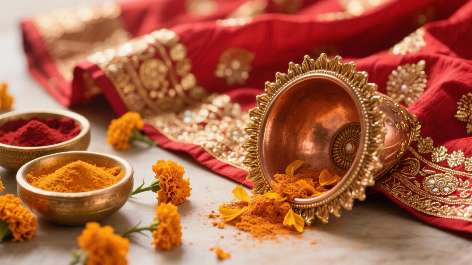 3) Dohale Jevan Stage: Low Seating, Saree Drapes, Haldi–Kumkum Palette