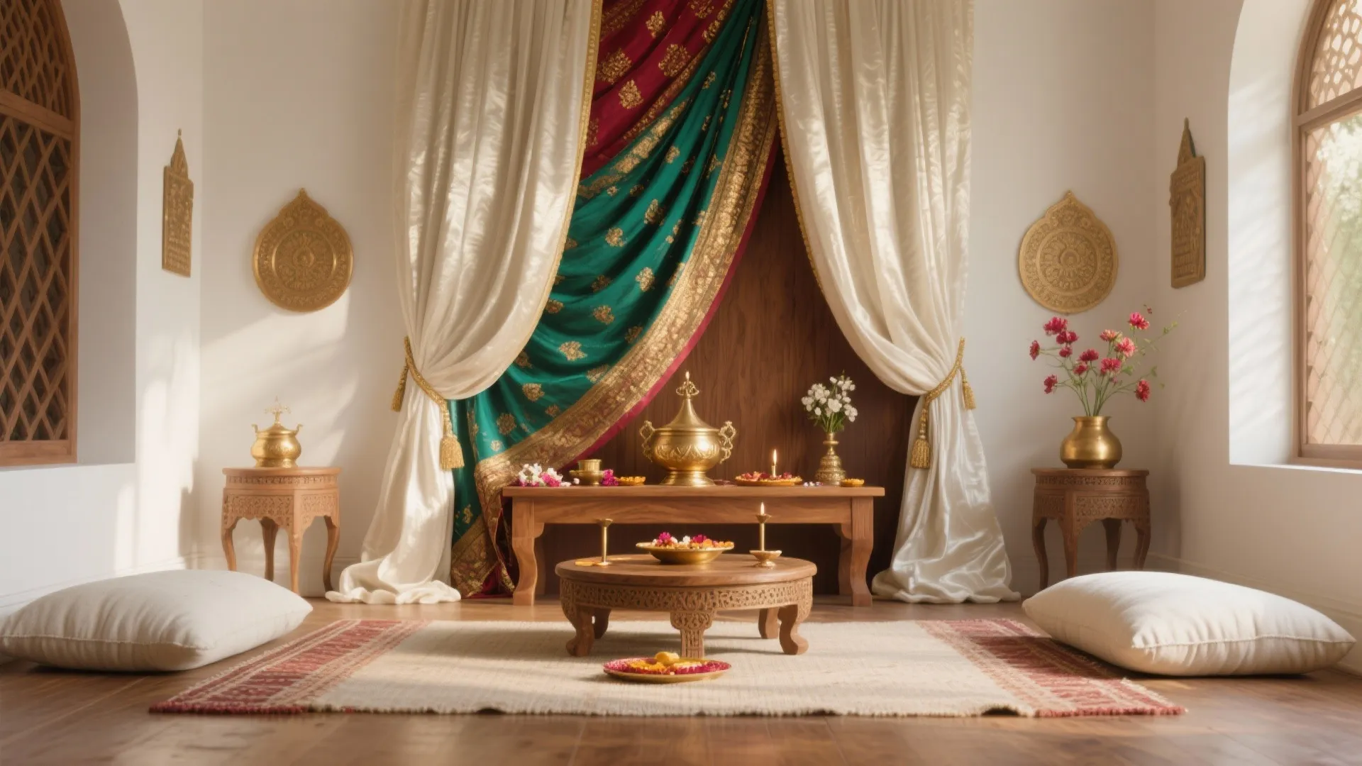 Textile Layering: Saree Backdrops, Floor Seating, and Wood Accents