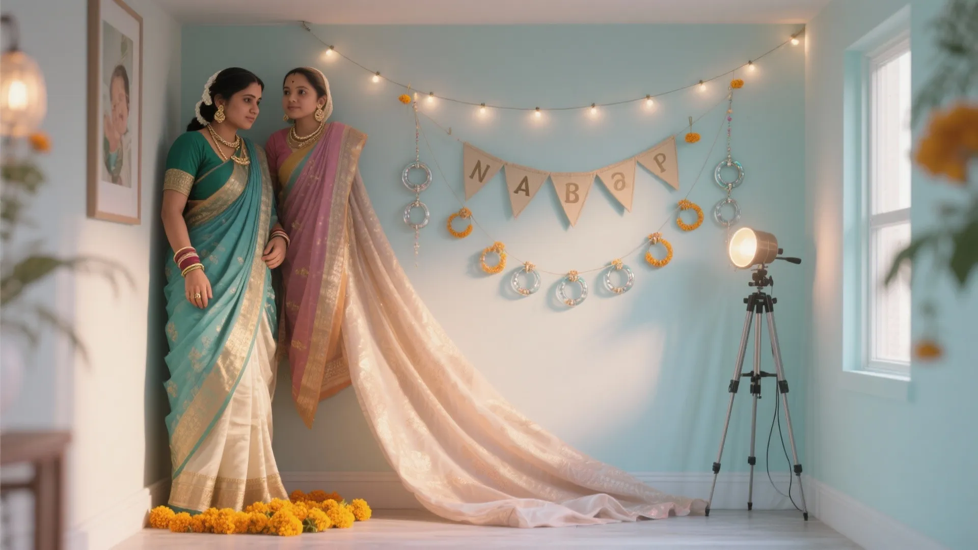 A Photo Corner with Sari Drapes and Bangle Shine