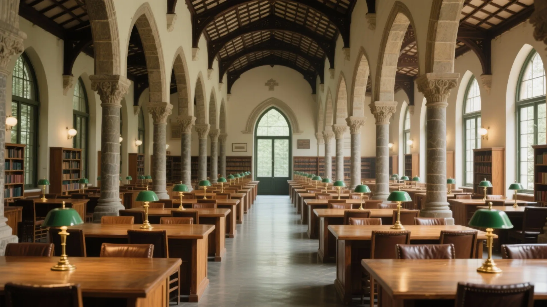 Classic library room with wooden desks green lamps stone pillars arched windows and high ceiling