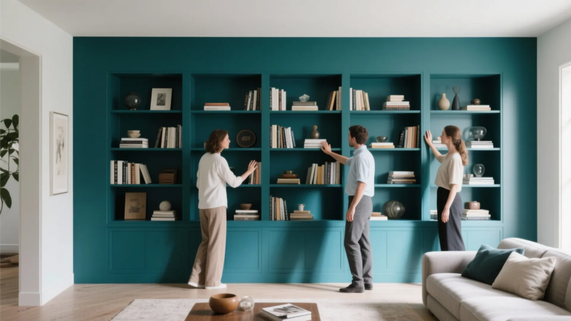 Three people standing in front of large teal wall cabinet filled with books and home decor