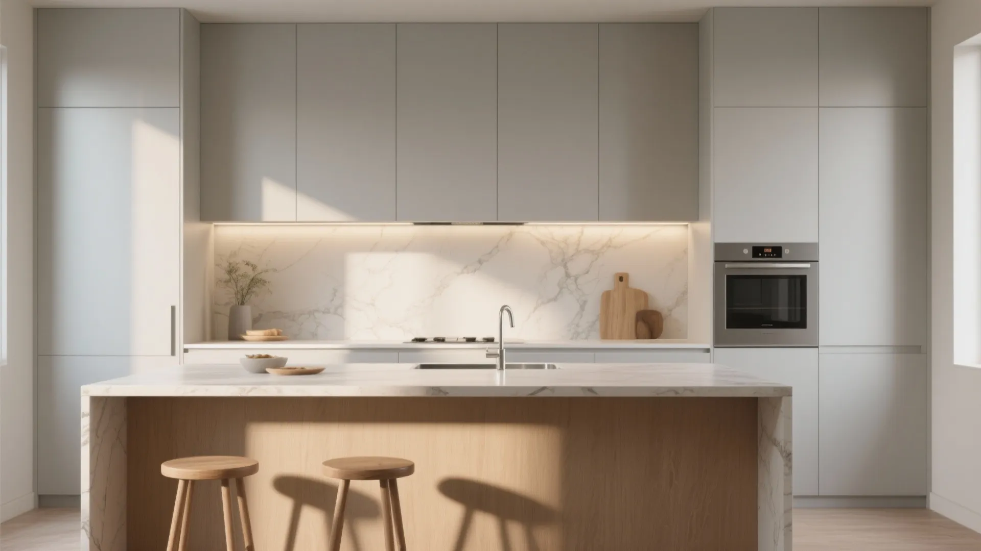 Modern kitchen with wood island stools and white cabinets plus a marble wall with light fixture