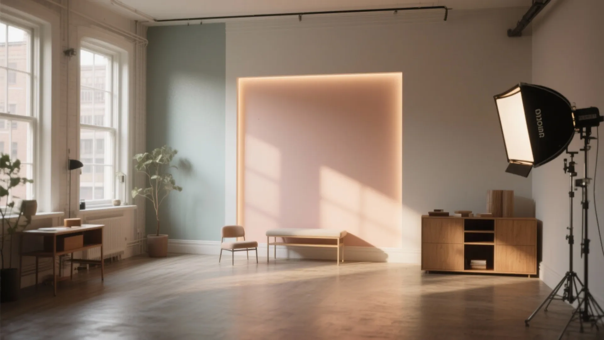 Modern studio interior featuring a pink accent wall with lighting wood cabinet and professional lamp