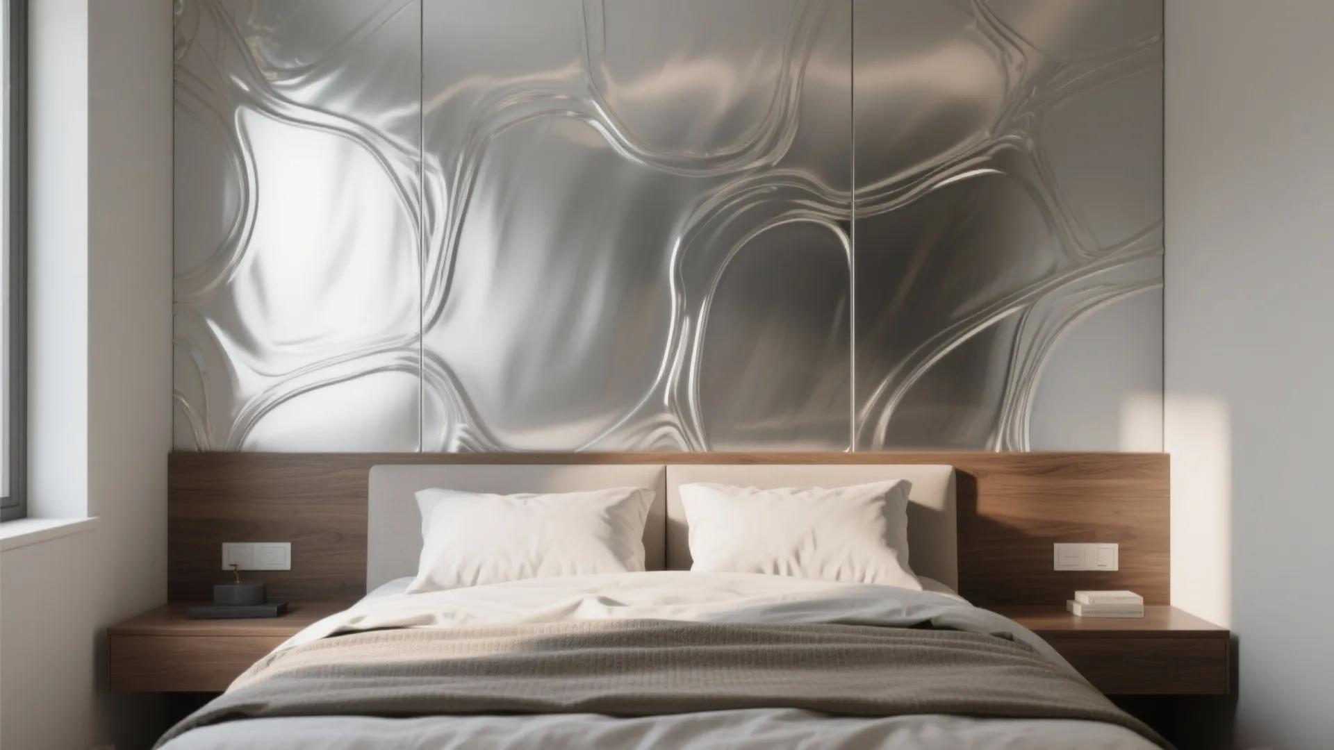 Modern bedroom featuring a wavy silver wall panel behind a wooden bed with white pillows