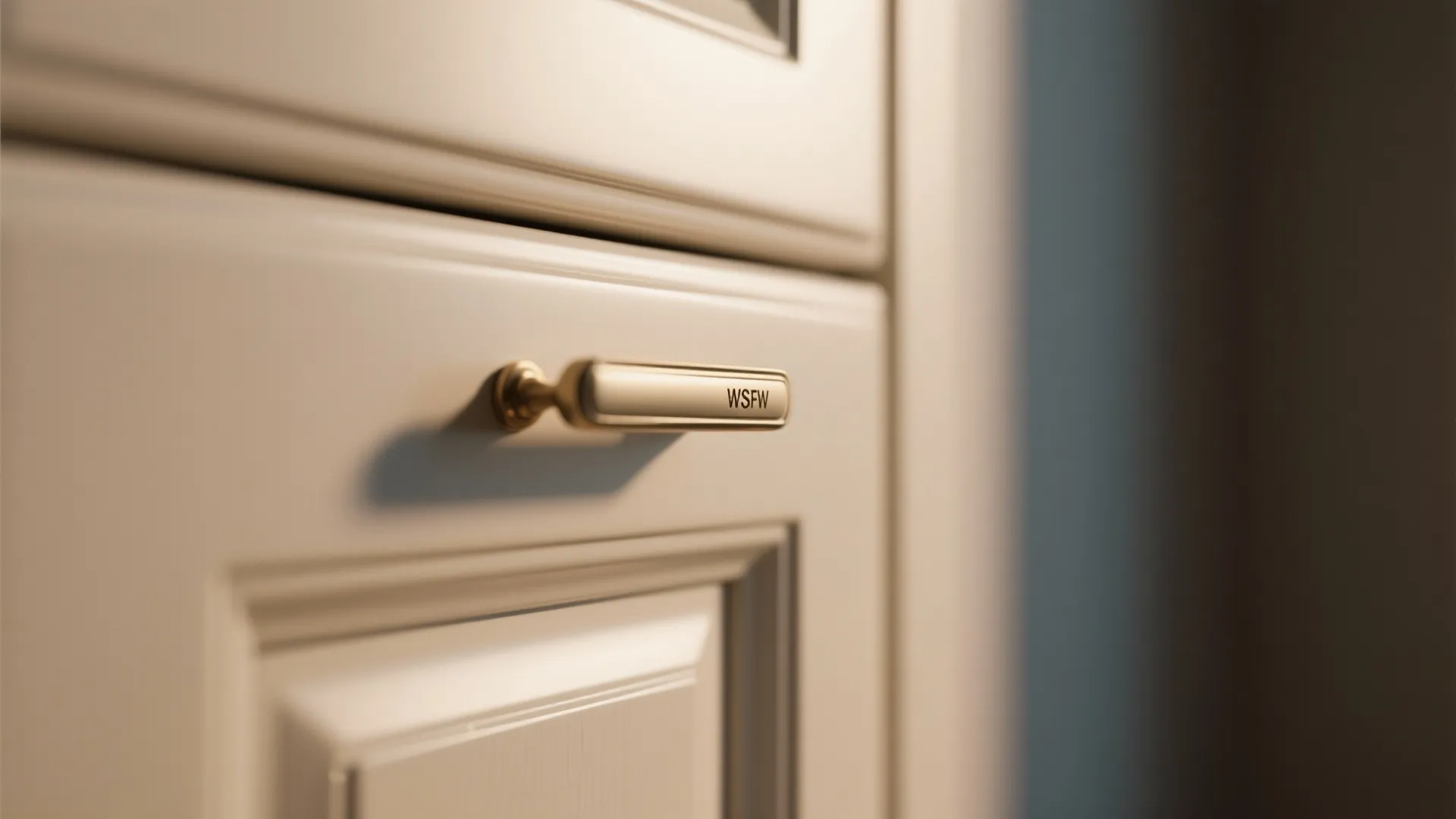 Close up view of a white cabinet drawer with a metal handle in a bright room
