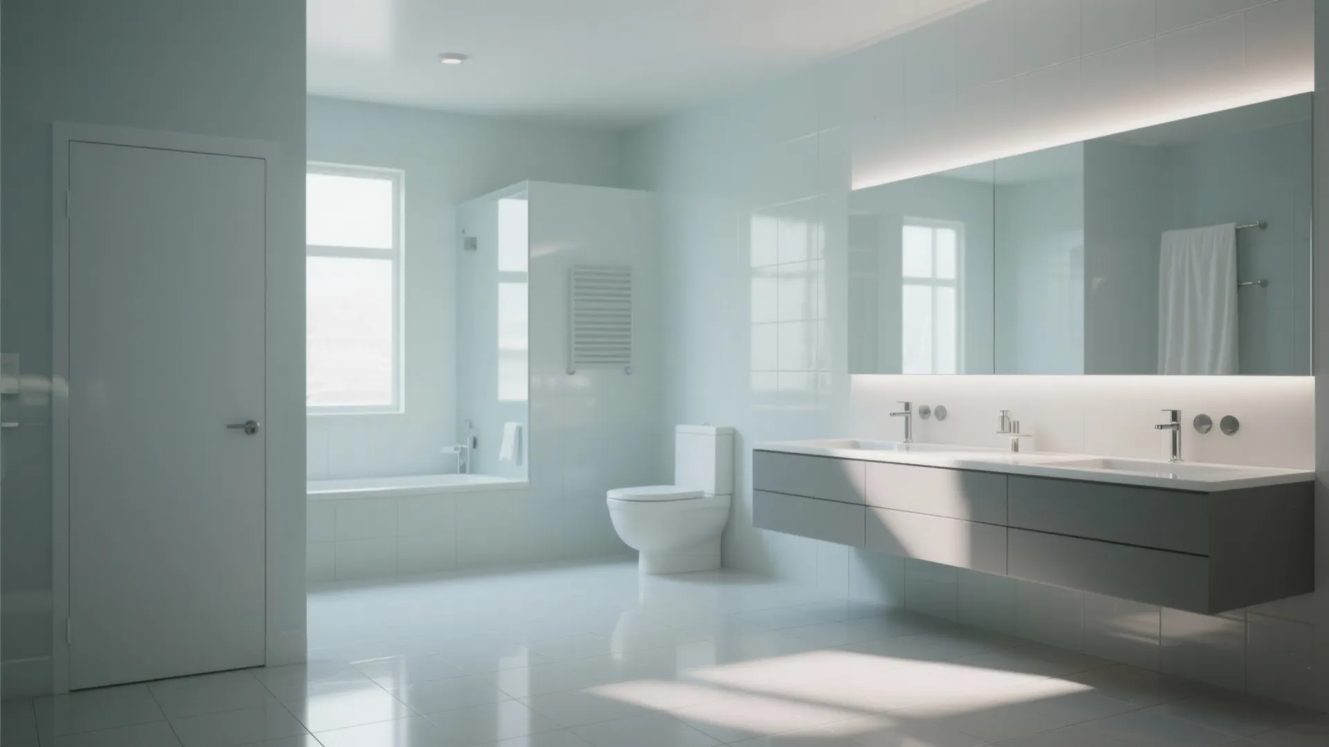Contemporary bathroom with satin-finish moisture-resistant paint and clean, primed walls.