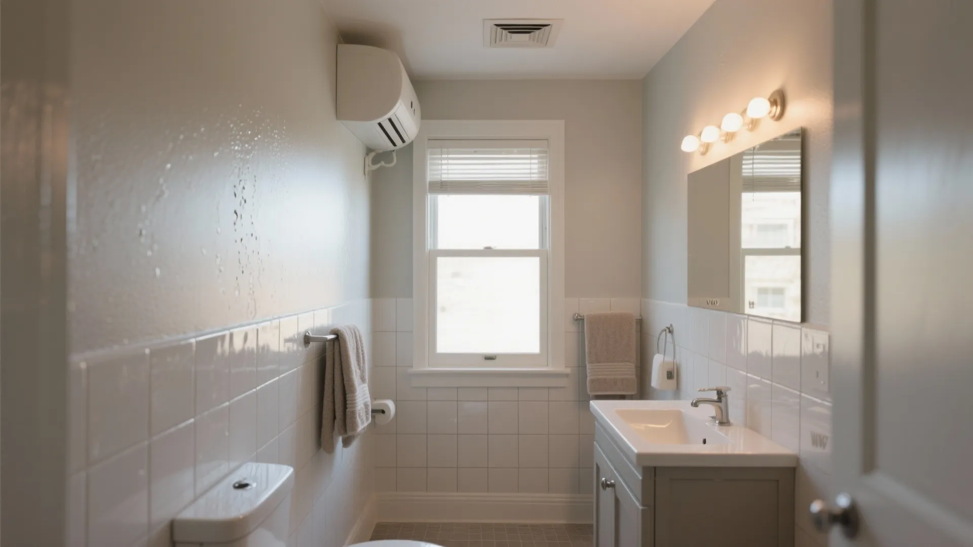 Small clean bathroom with white wall tiles and grey cabinet under mirror with three round lights