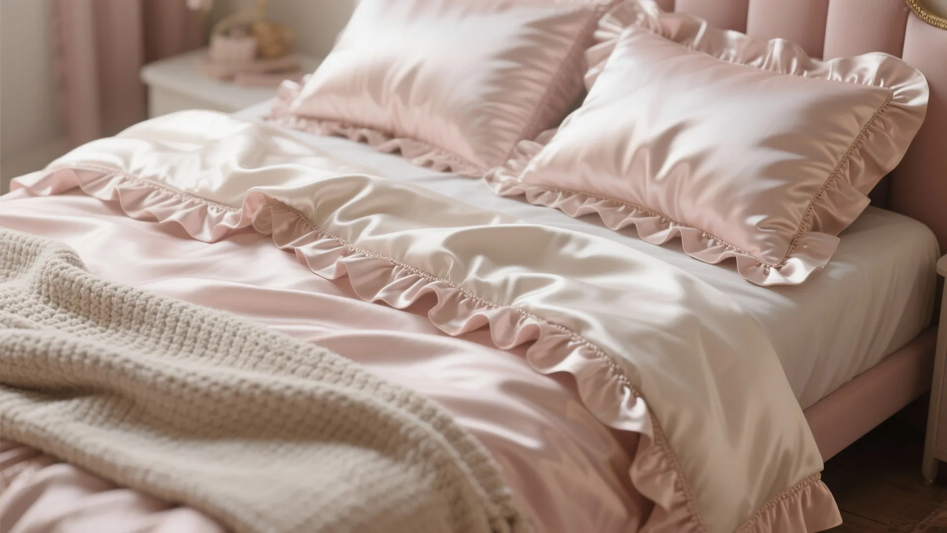6. Satin Bedding with Layered Ruffles