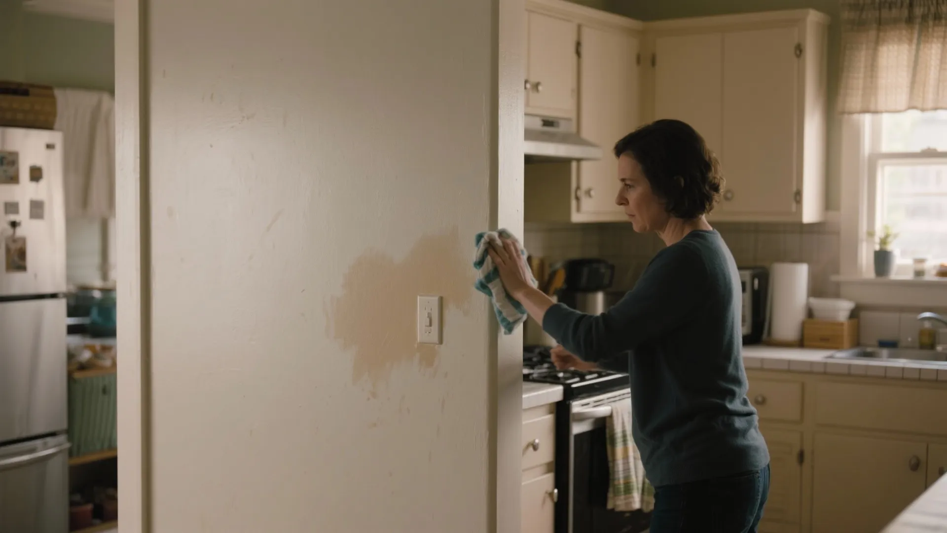 Woman cleaning a dirty beige kitchen wall with a blue and white cloth near light switch