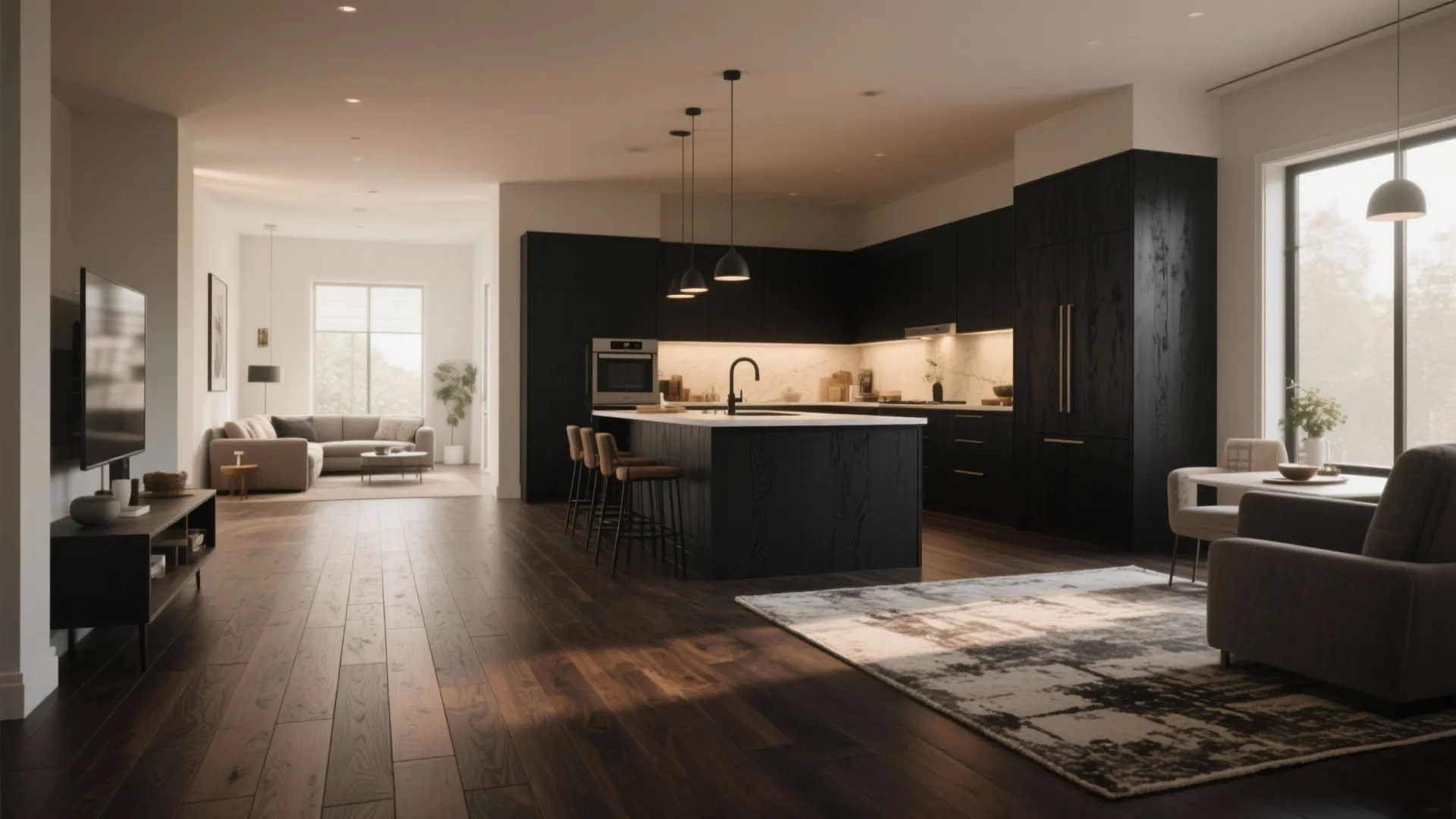 Modern open plan kitchen featuring black cabinets large island wood flooring and bright living room area