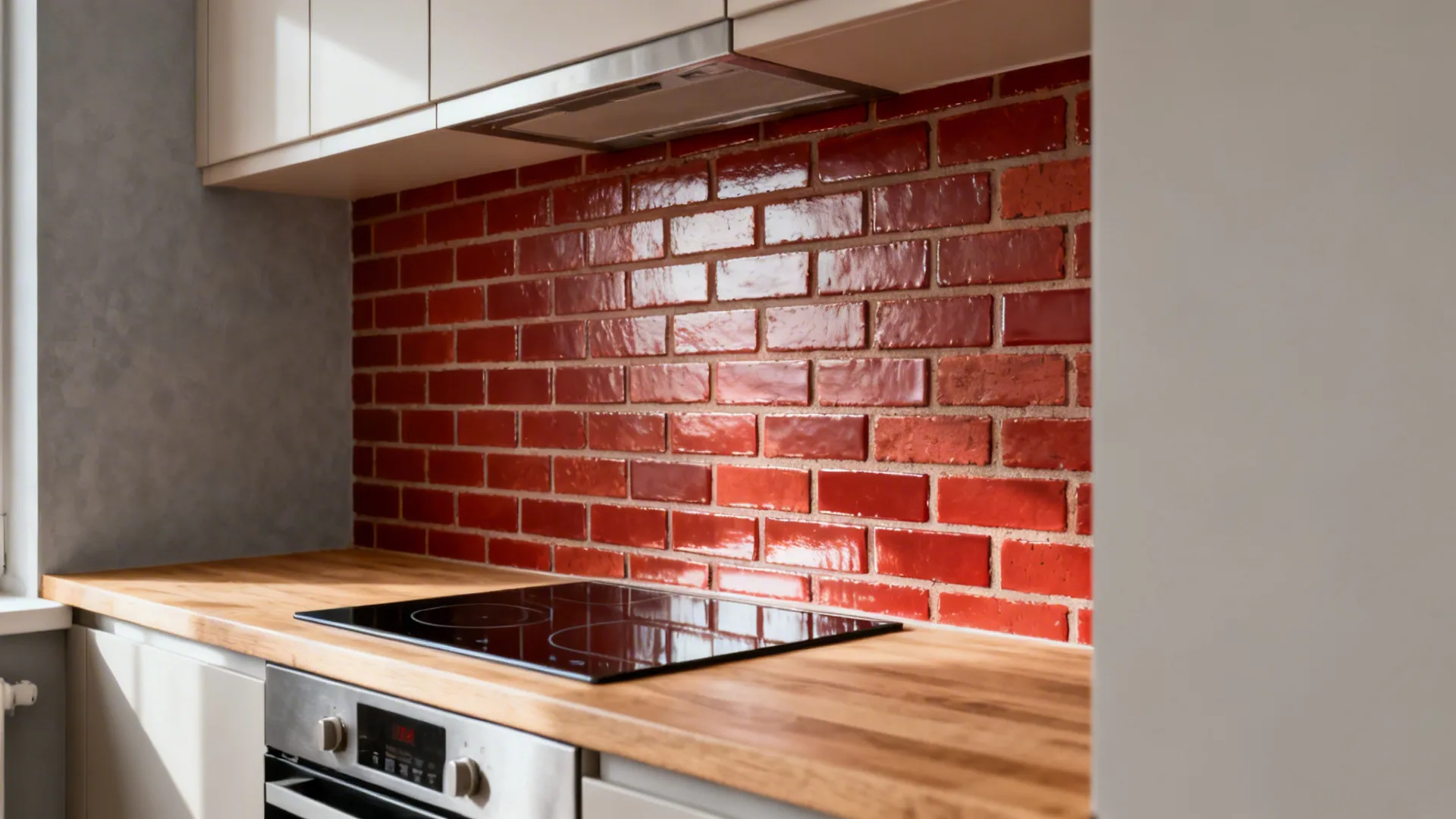 Satin-finish red brick backsplash in a compact L-shaped kitchen with pale cabinets.