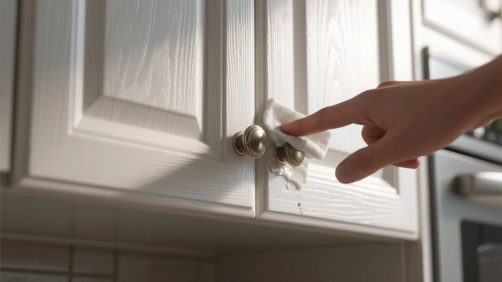 Hand using a white cloth to wipe water off white kitchen cabinet door with metal handle