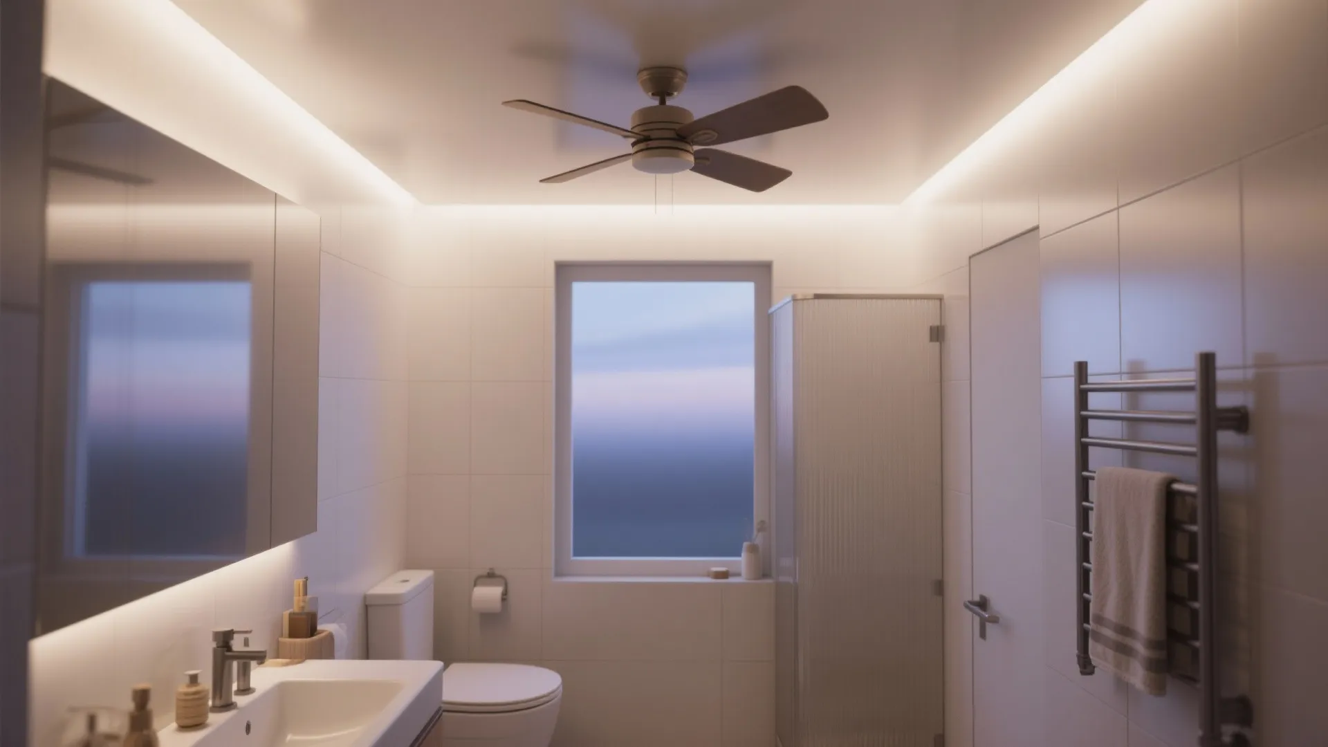 Modern bathroom with white toilet sink mirror ceiling fan window and warm soft golden lighting