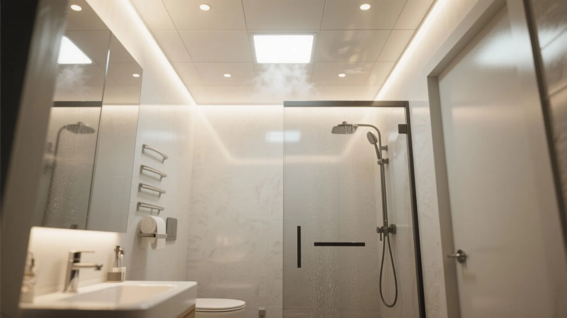 Small bathroom with a slightly glossy satin ceiling above a steam shower and easy-clean surfaces