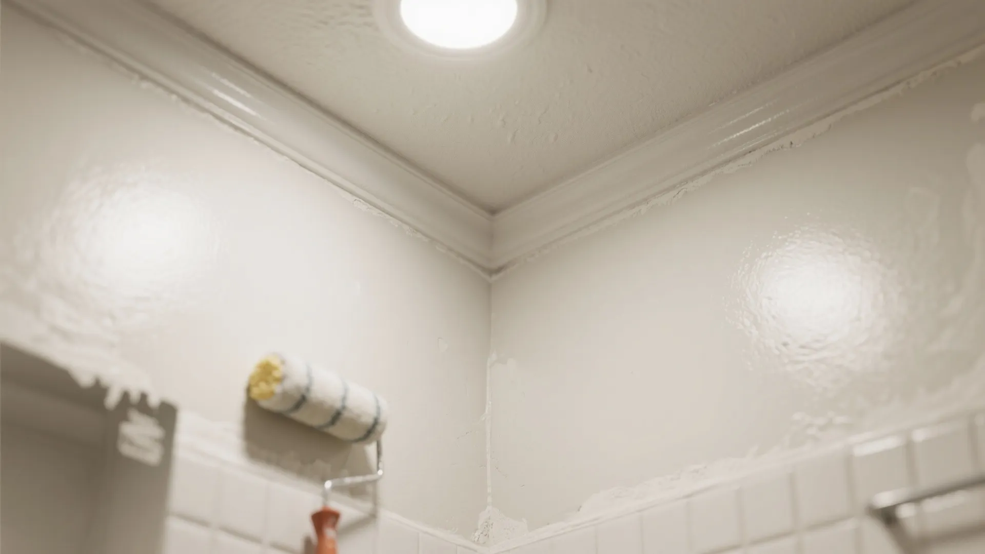 Close-up of a satin-finish bathroom ceiling corner showing mild sheen and smooth texture.
