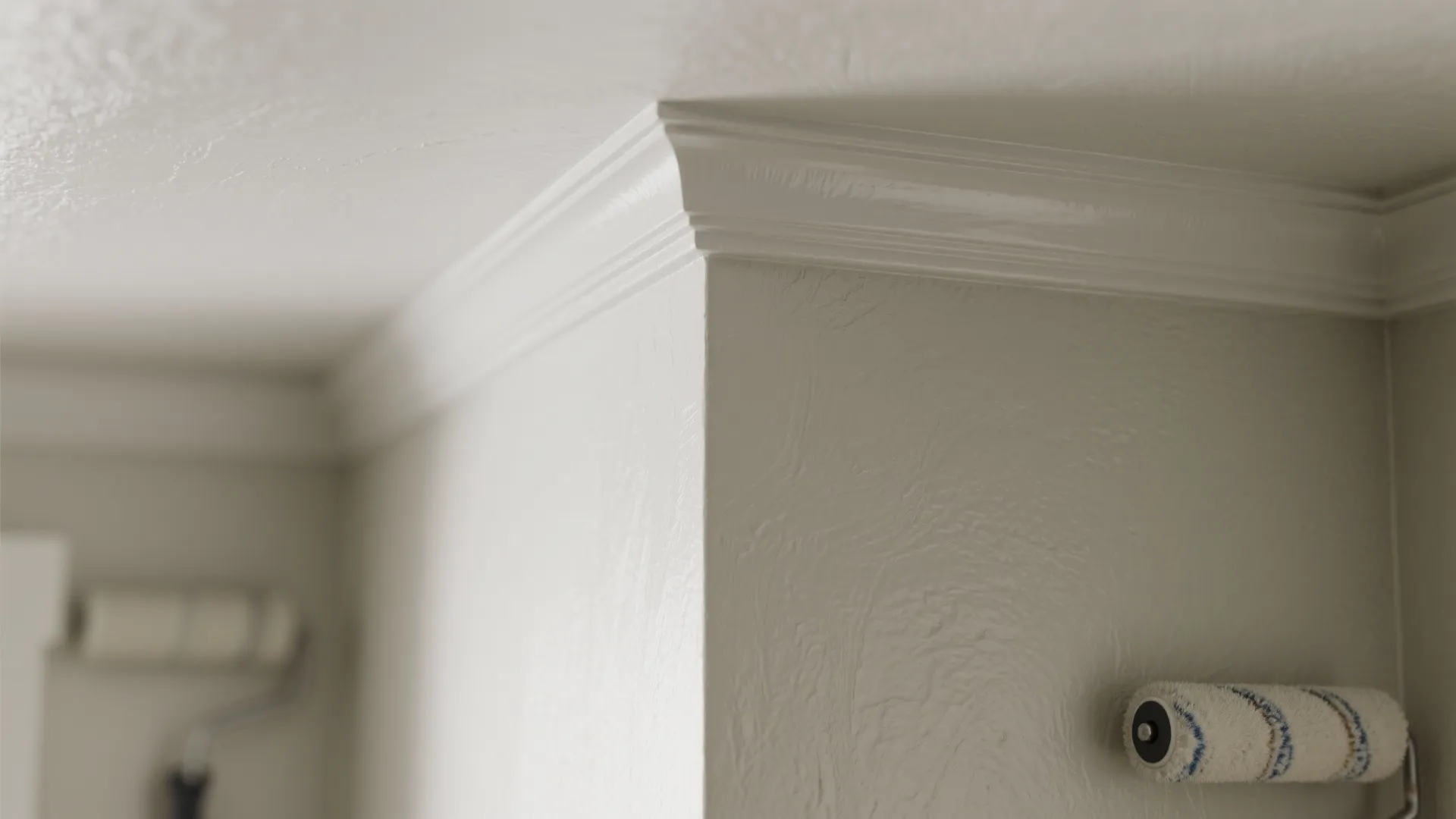 Close up view of white wall panel trim and ceiling corner with a small paint roller