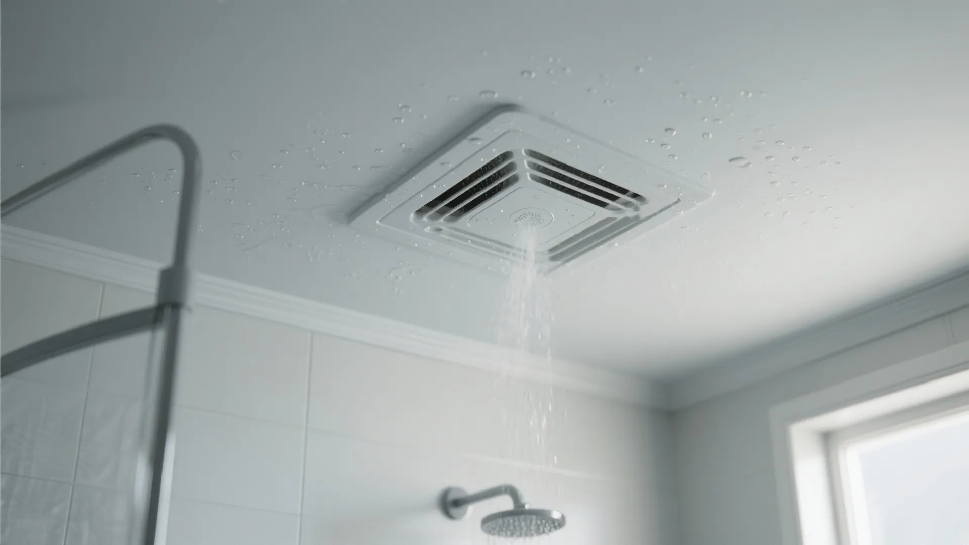 Close up of a square ceiling fan blowing air in a bathroom with water droplets