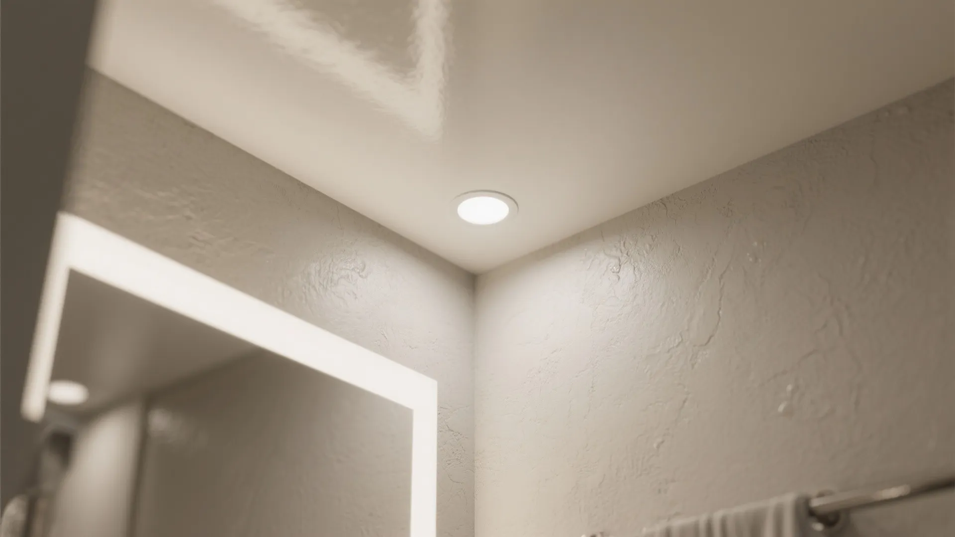Close up of a smooth white ceiling with a small light fixture and textured wall