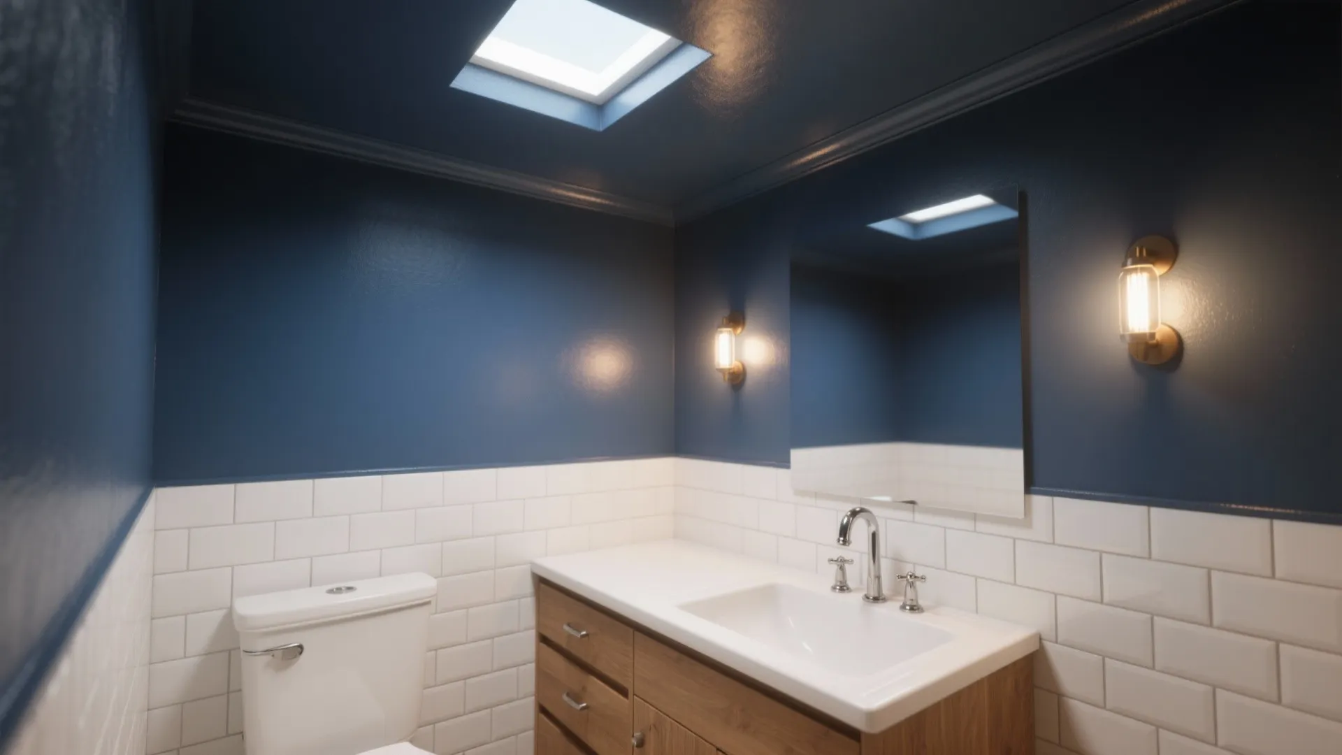 Modern bathroom with blue walls white tiles wooden cabinet mirror wall lights and roof window