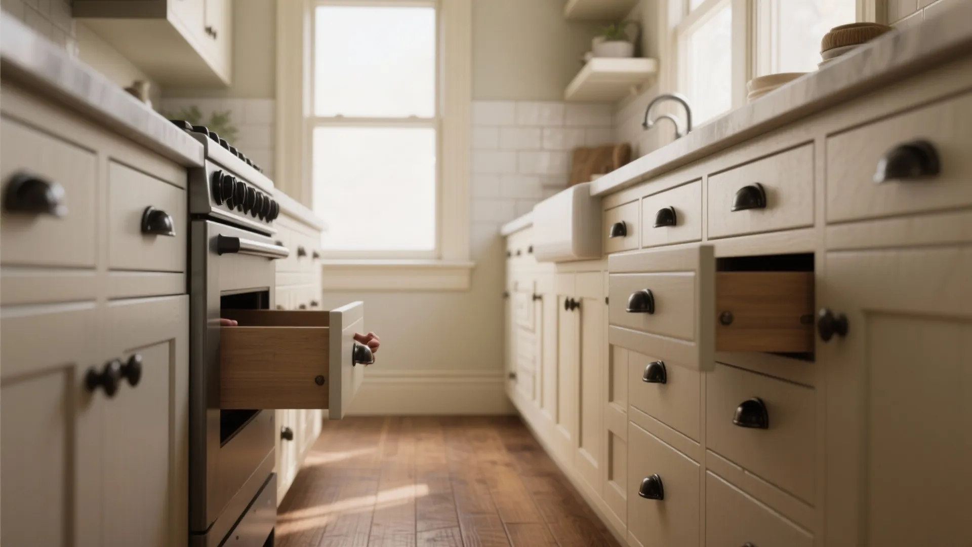 Galley kitchen with satin black cup pulls on lower drawers for transitional charm