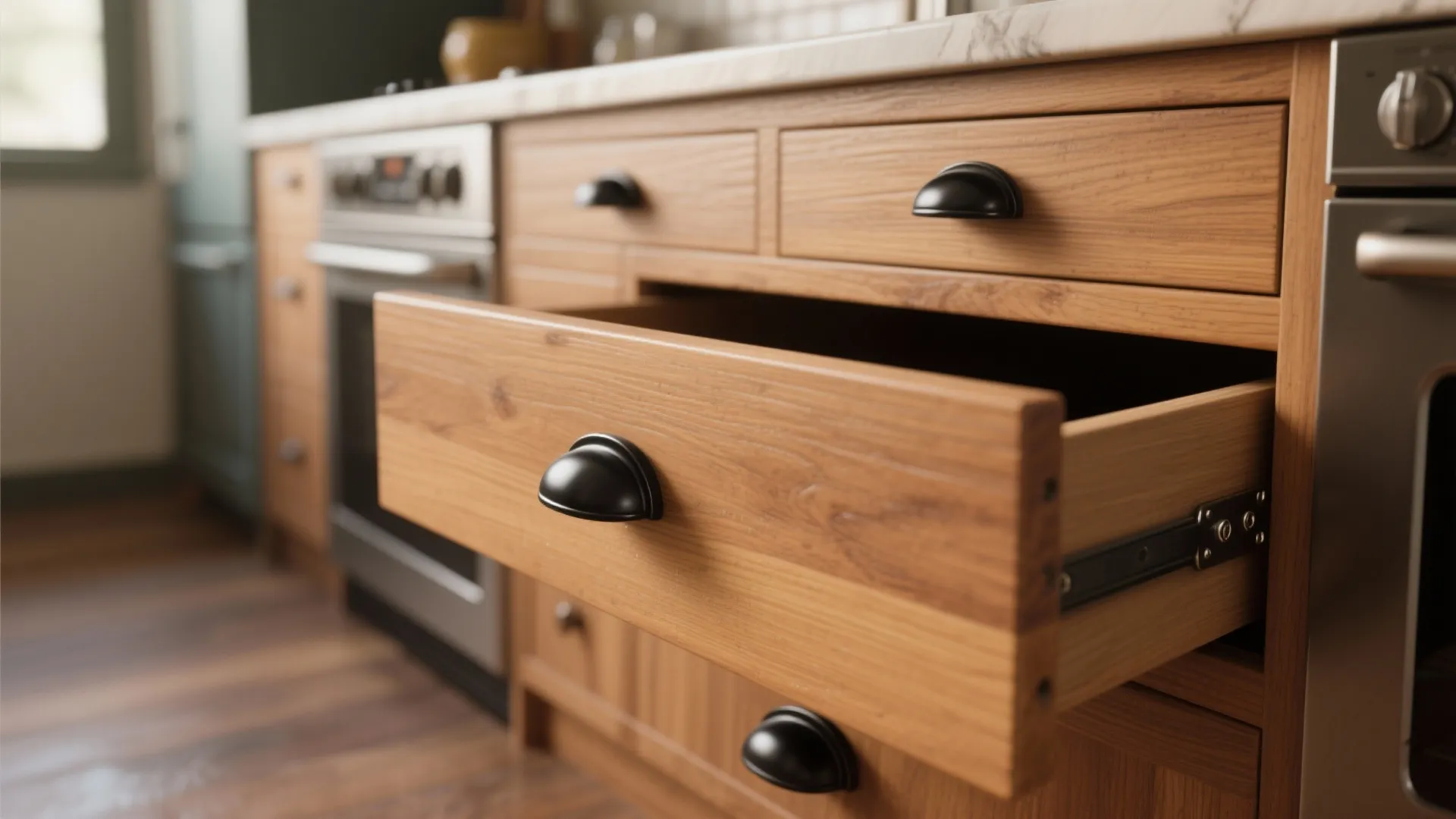 Open wooden kitchen drawer with black metal handles and a marble countertop in the background
