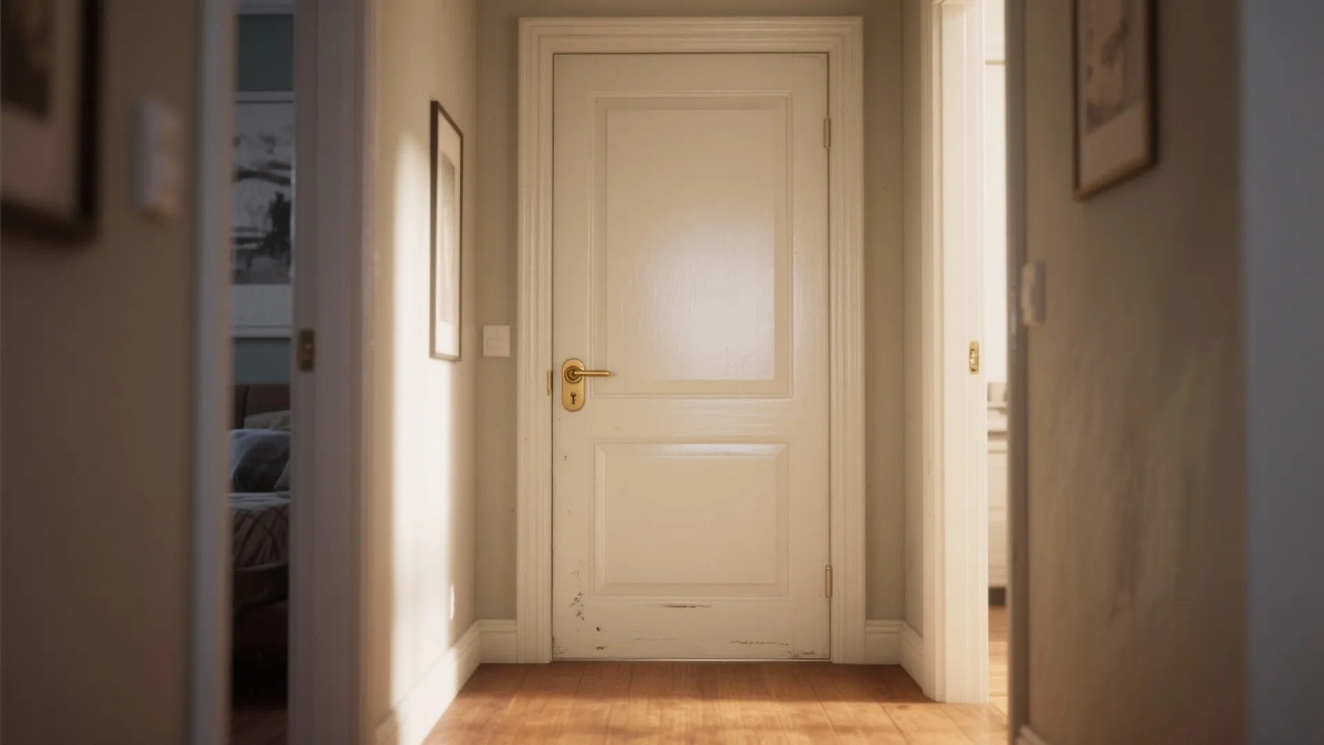 Classic white interior door with gold handle and light grey walls in a bright hallway