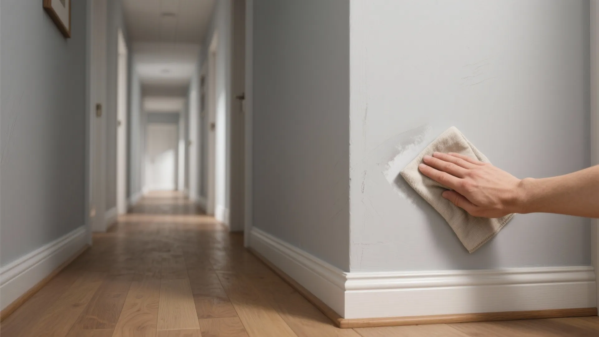 Hand cleaning grey wall with soft cloth in hallway showing durability of high quality paint finish