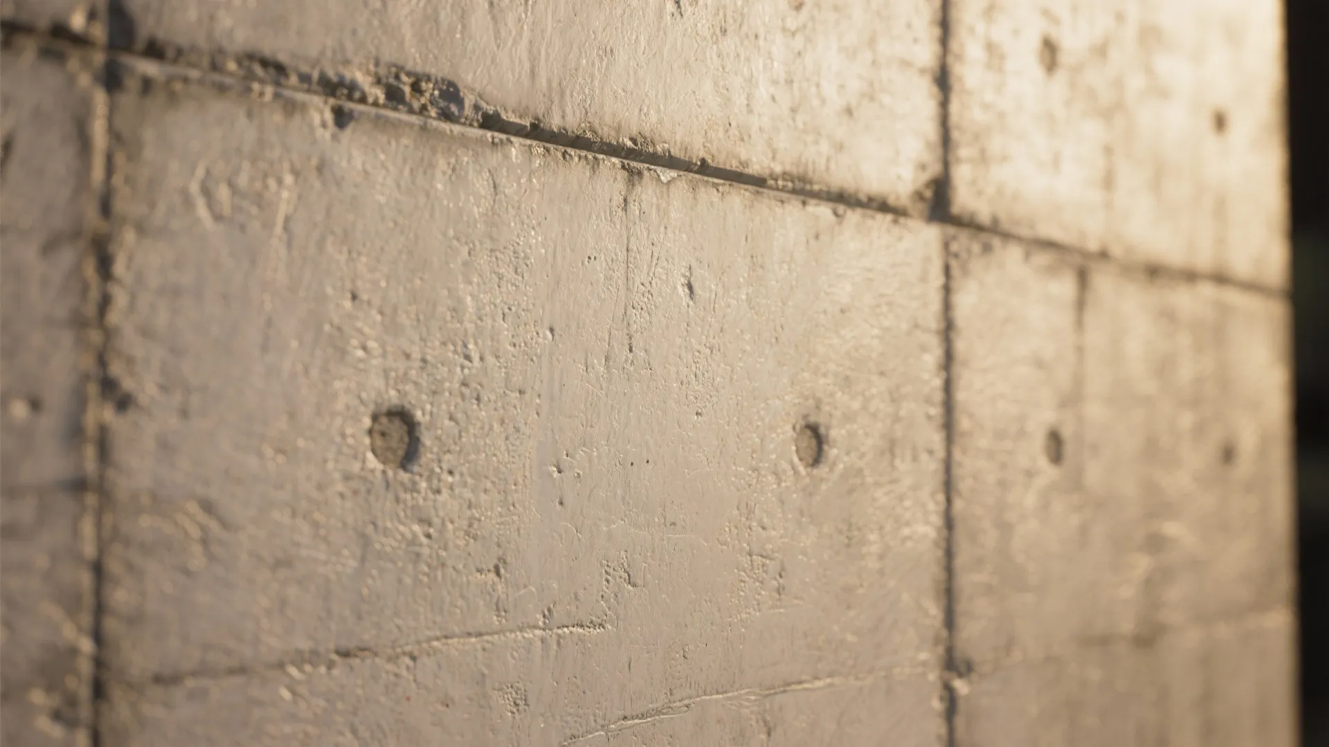 Close up view of smooth concrete wall panel with circular holes and soft warm lighting