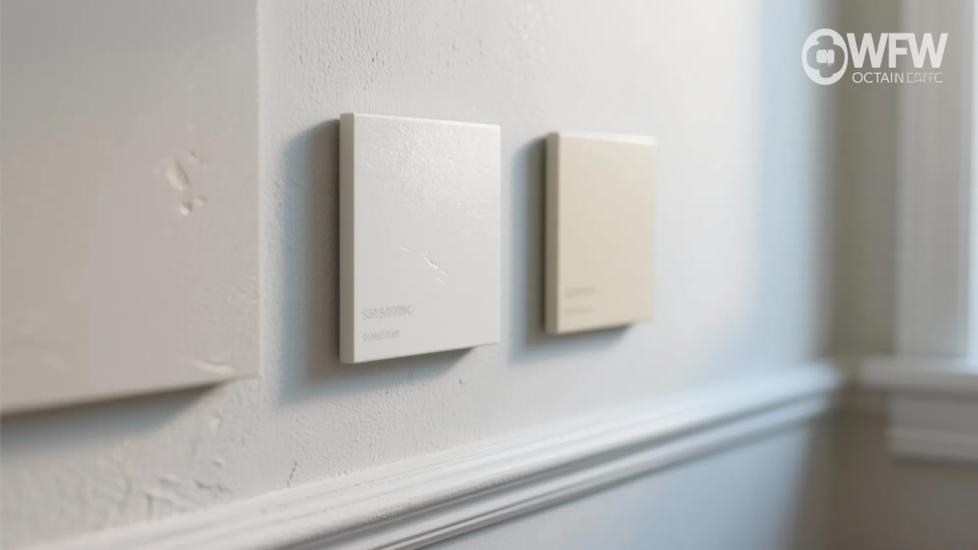 Two square paint color samples mounted on a textured white wall near a wooden trim