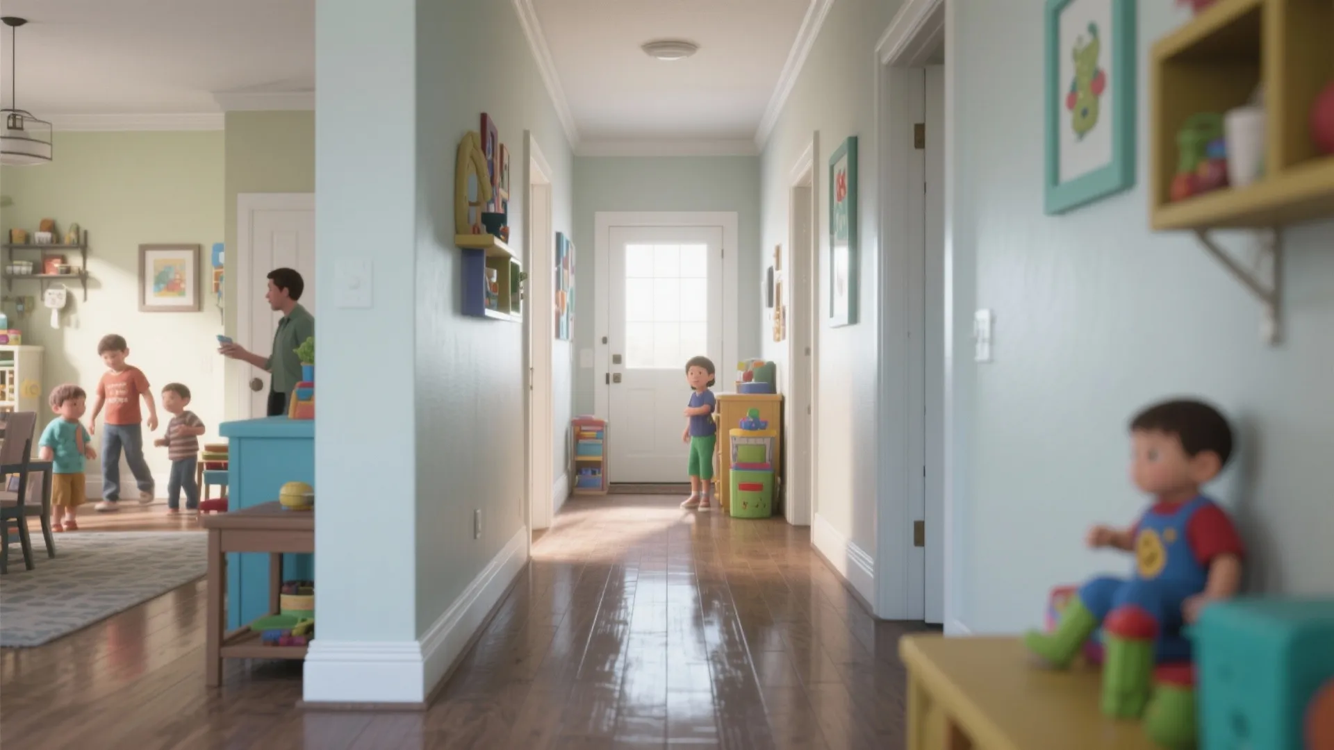 Family hallway showing eggshell/satin walls with a subtle sheen and durable finishes.