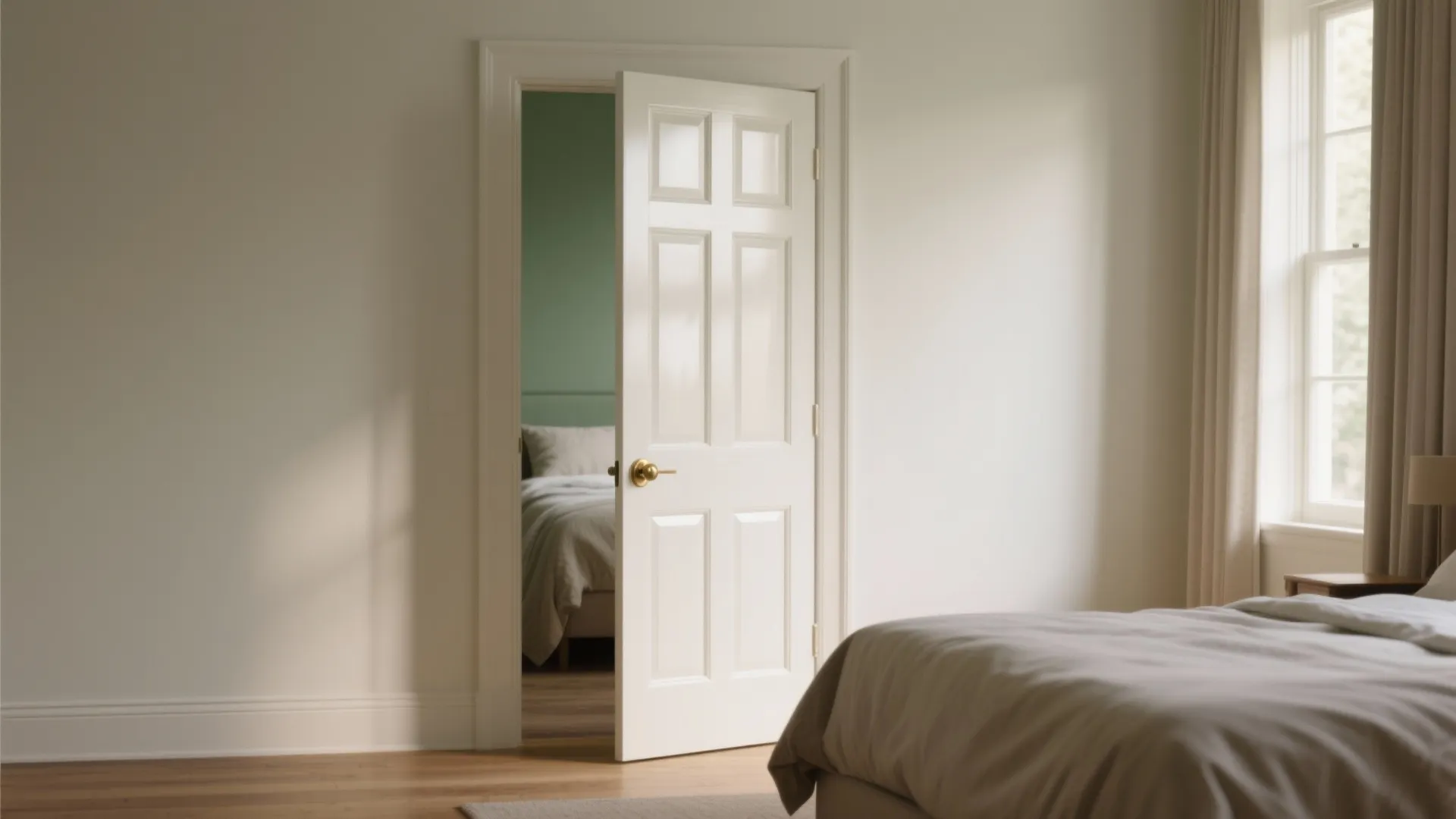 Open white bedroom door showing a soft satin finish with a view into another room