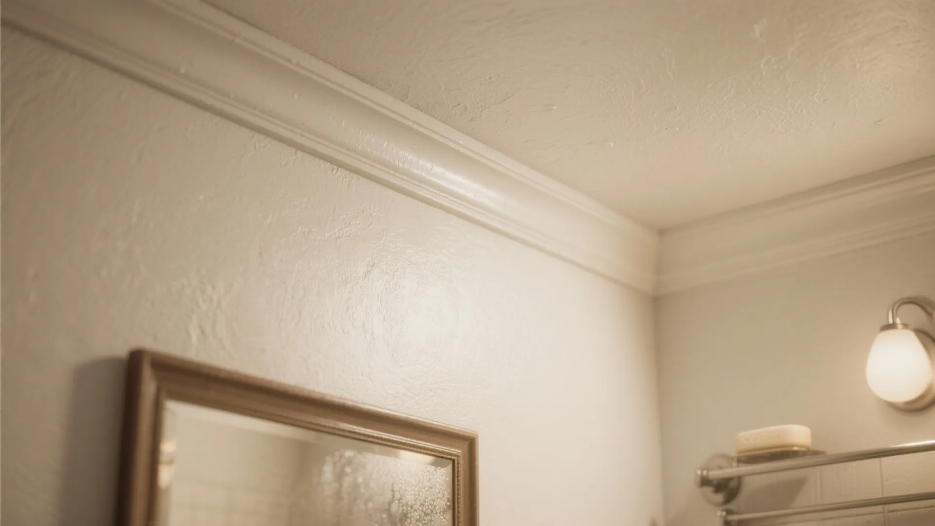 Close up of cream wall panel and white ceiling with warm wall light and mirror