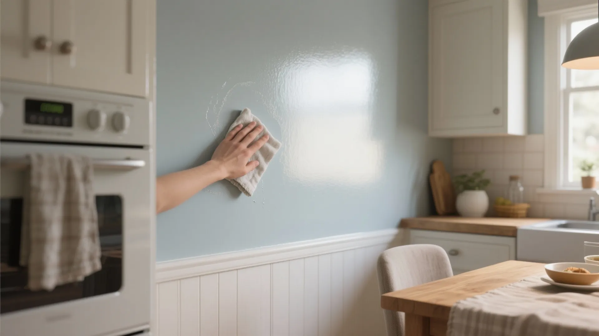 A hand cleaning a blue kitchen wall with a white cloth near white wall panels