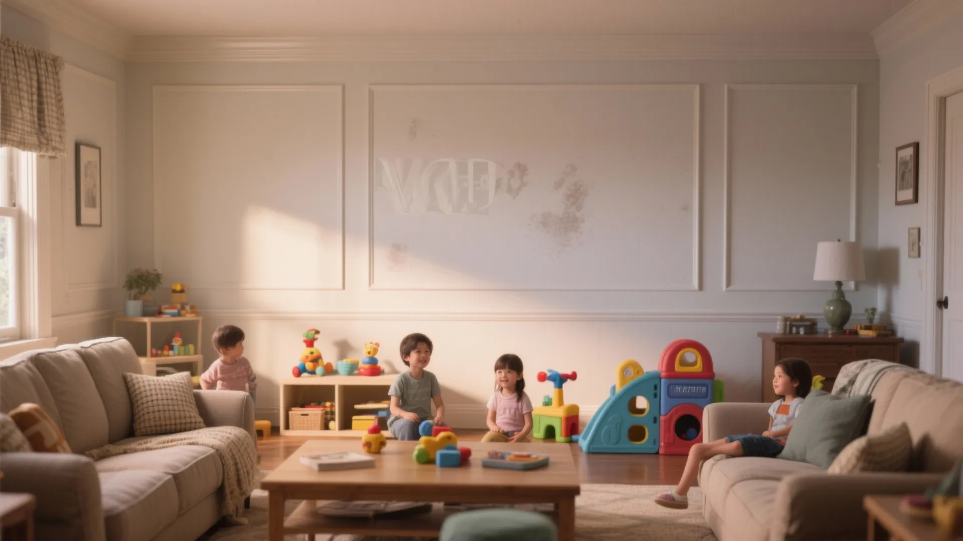 Four children playing with colorful toys in a family room with sofas and white wall panels