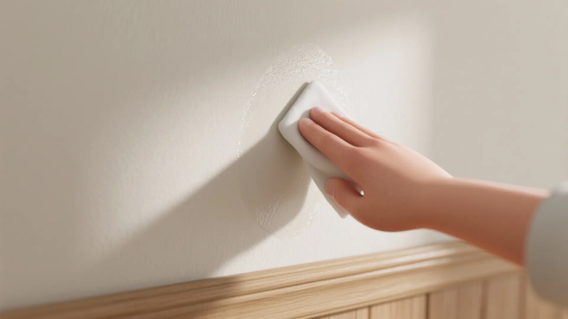 Close up of a hand cleaning a white wall with a cloth above wood wall panel